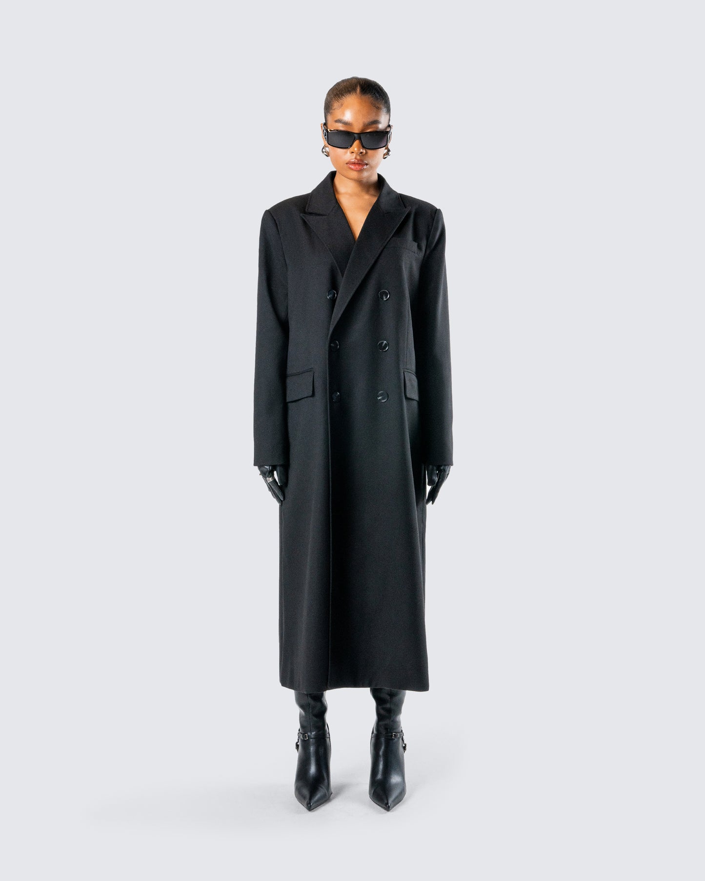 Romilly Black Double Breasted Coat model front