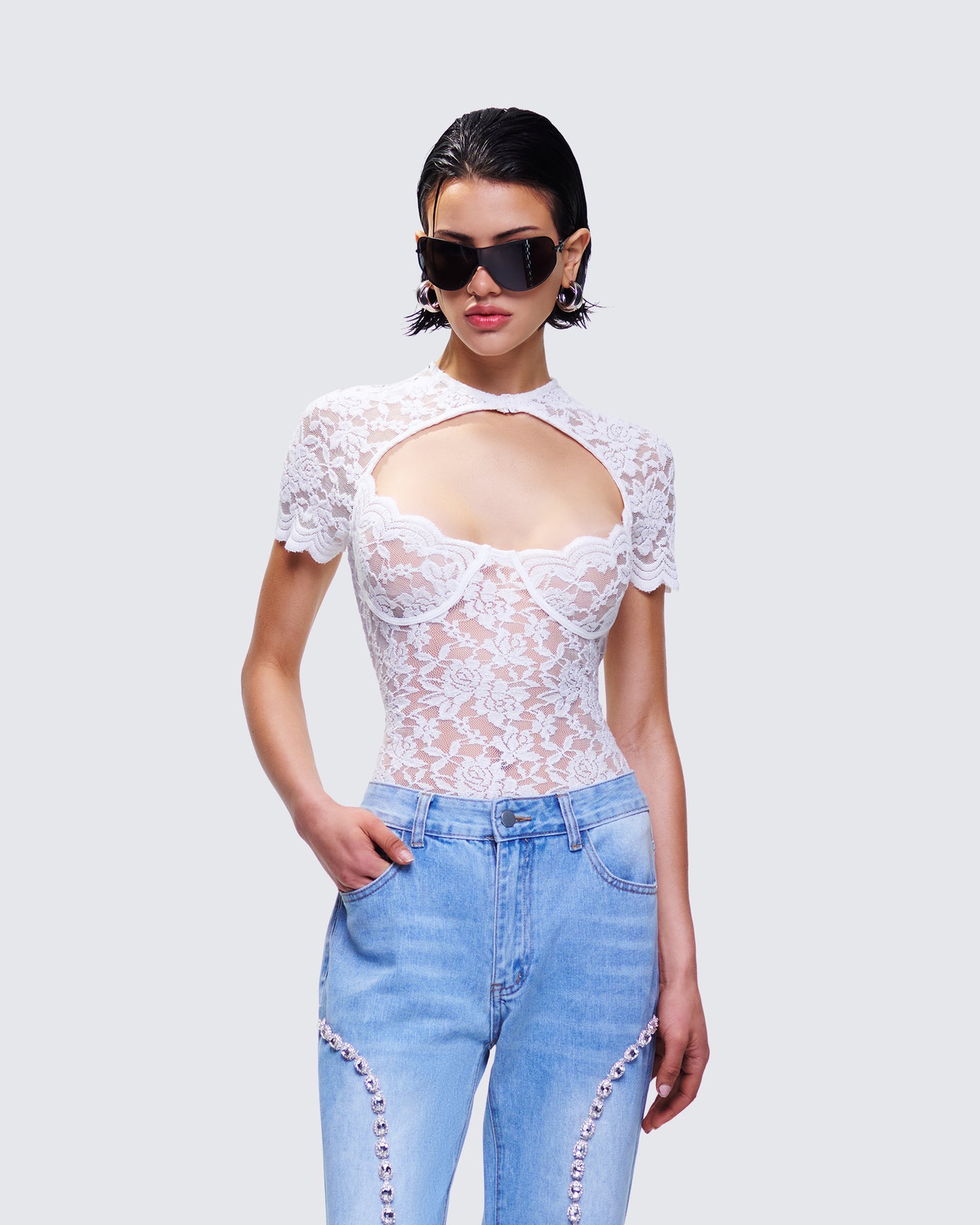 Romona White Lace Cut Out Bodysuit