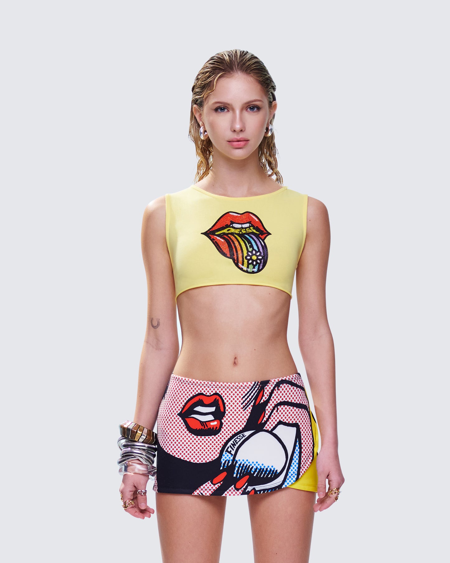 Rubina Yellow Graphic Crop Top model front