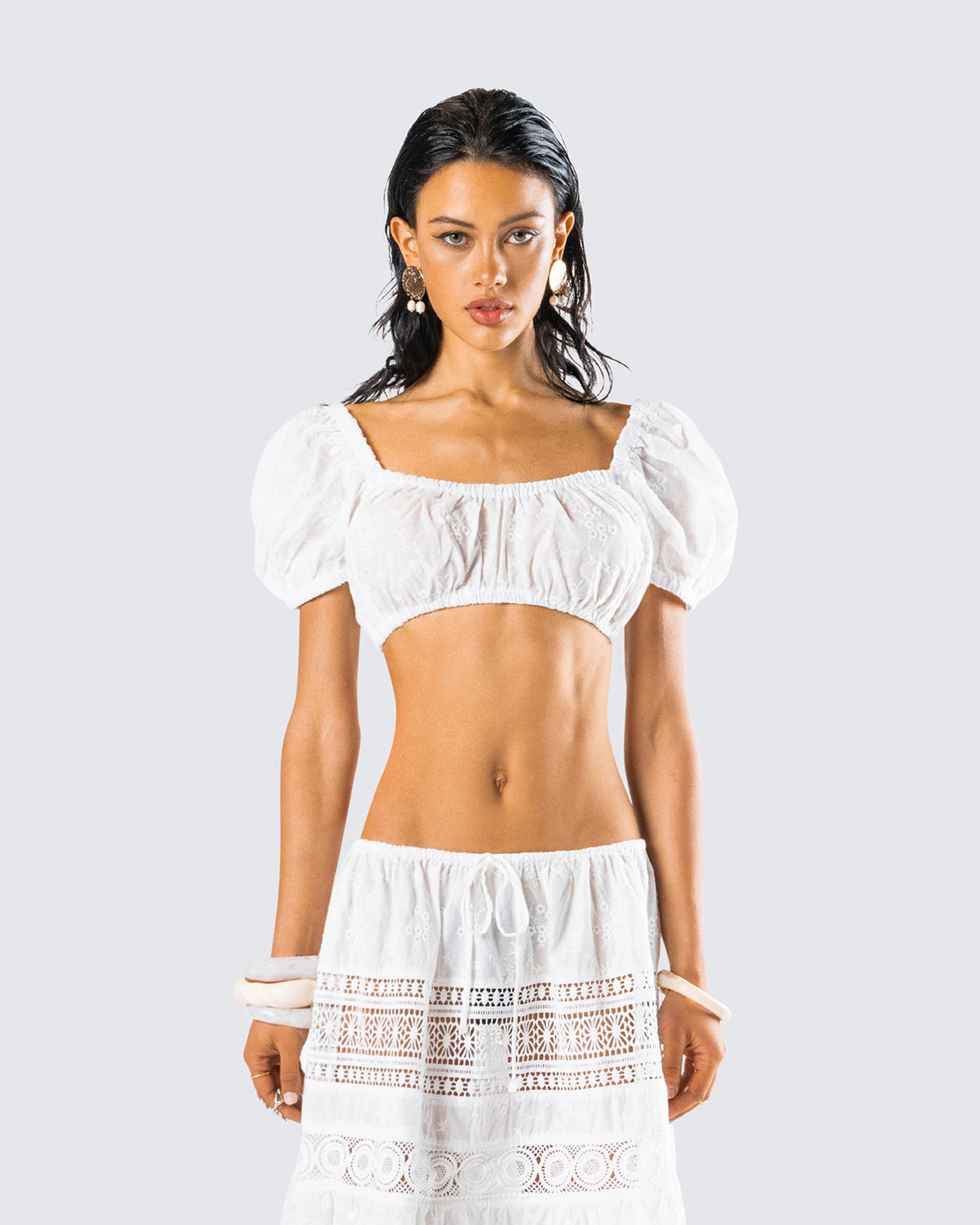 Rue White Cotton Floral Crop Top model front