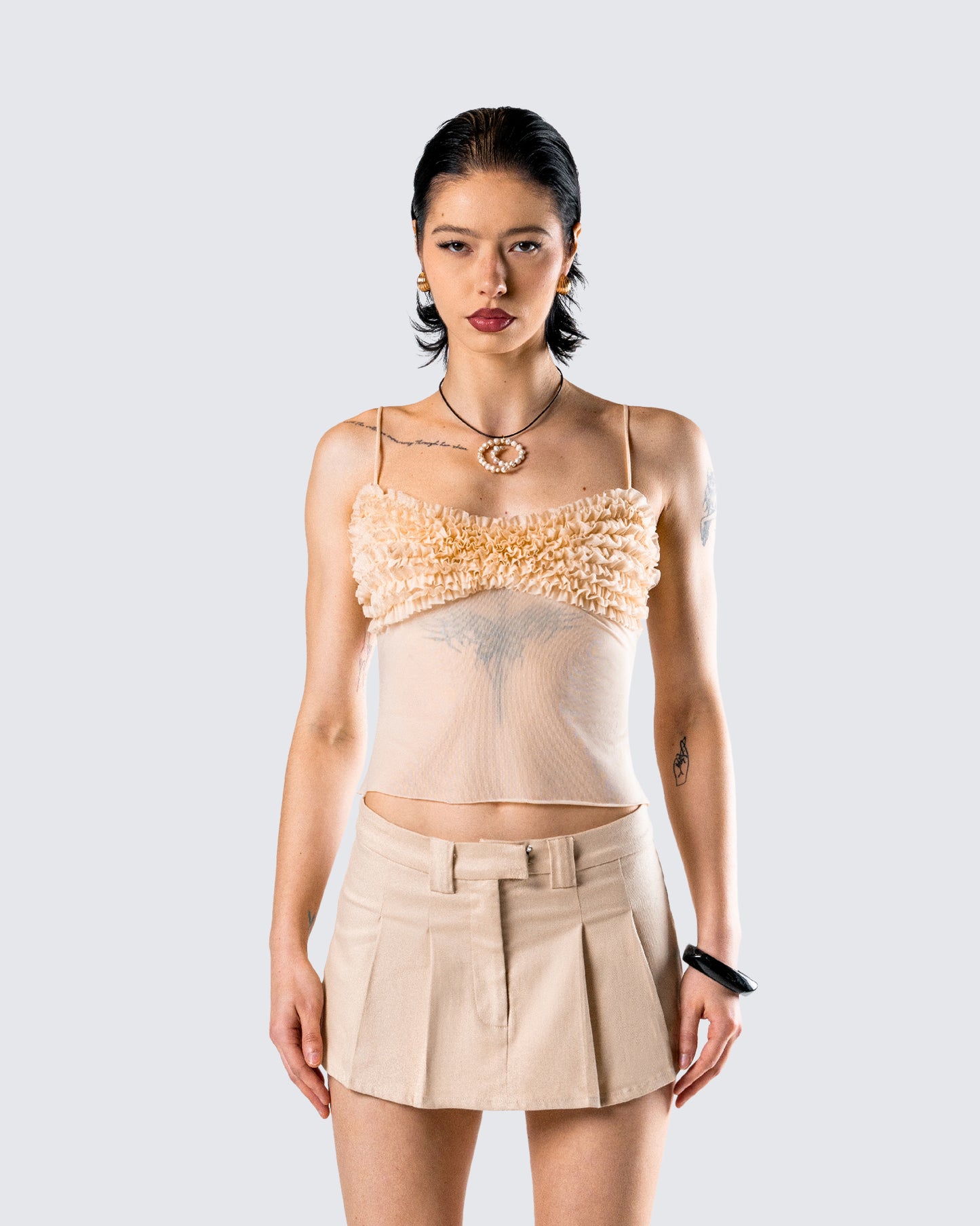 Ryla Ivory Ruffle Cami Top model front