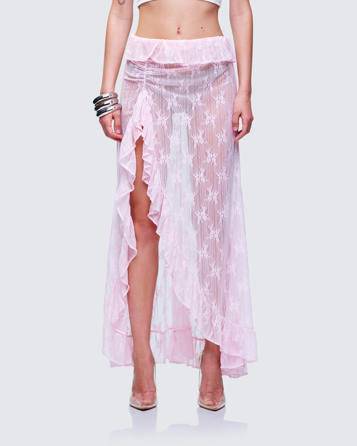 Sabella Blush Sheer Lace Maxi Skirt model front