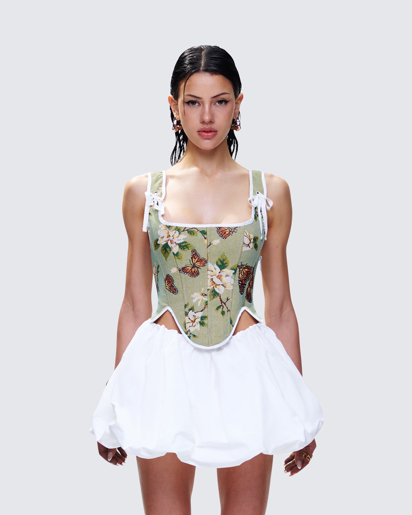 Samara Green Floral Jacquard Corset Top model front