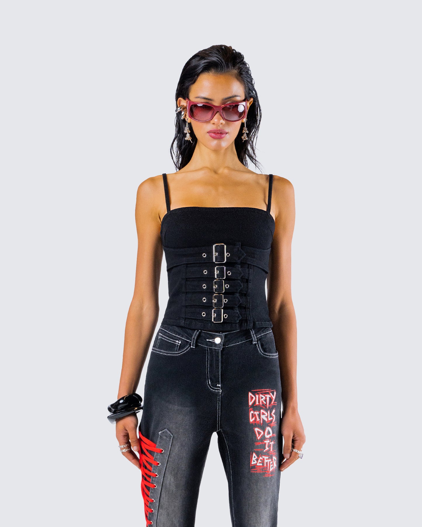 Serenity Black Denim Buckle Top model front