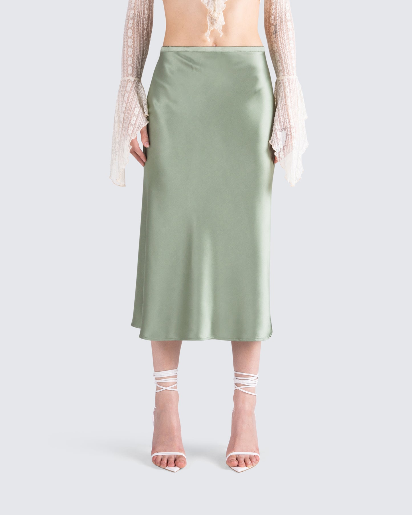 Shae Green Satin Midi Skirt model front