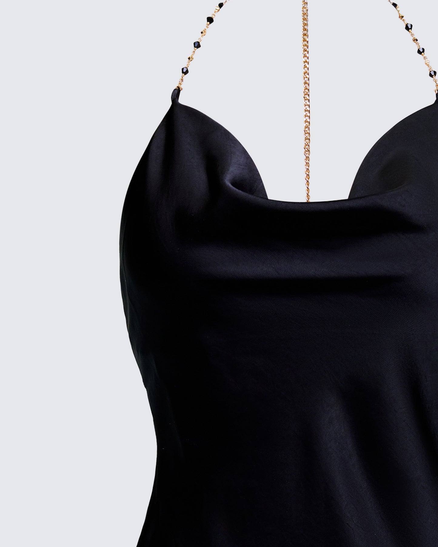 Soletta Black Satin Bias Cut Cowl Neck Mini Dress