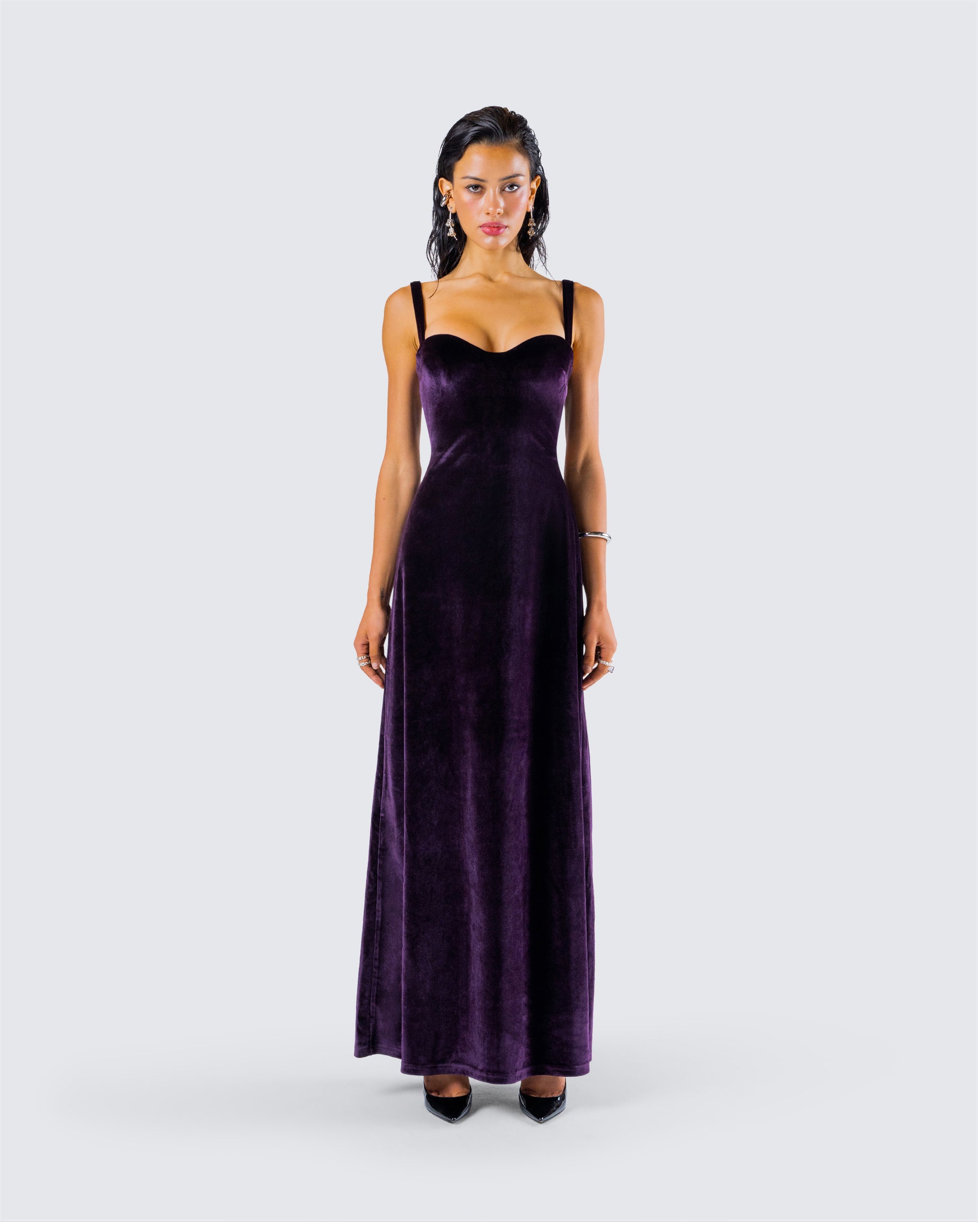 Stephanie Purple Velvet Maxi Dress model front