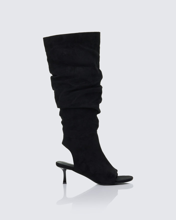 Stormi Black Faux Suede Open Toe Slouch Boots