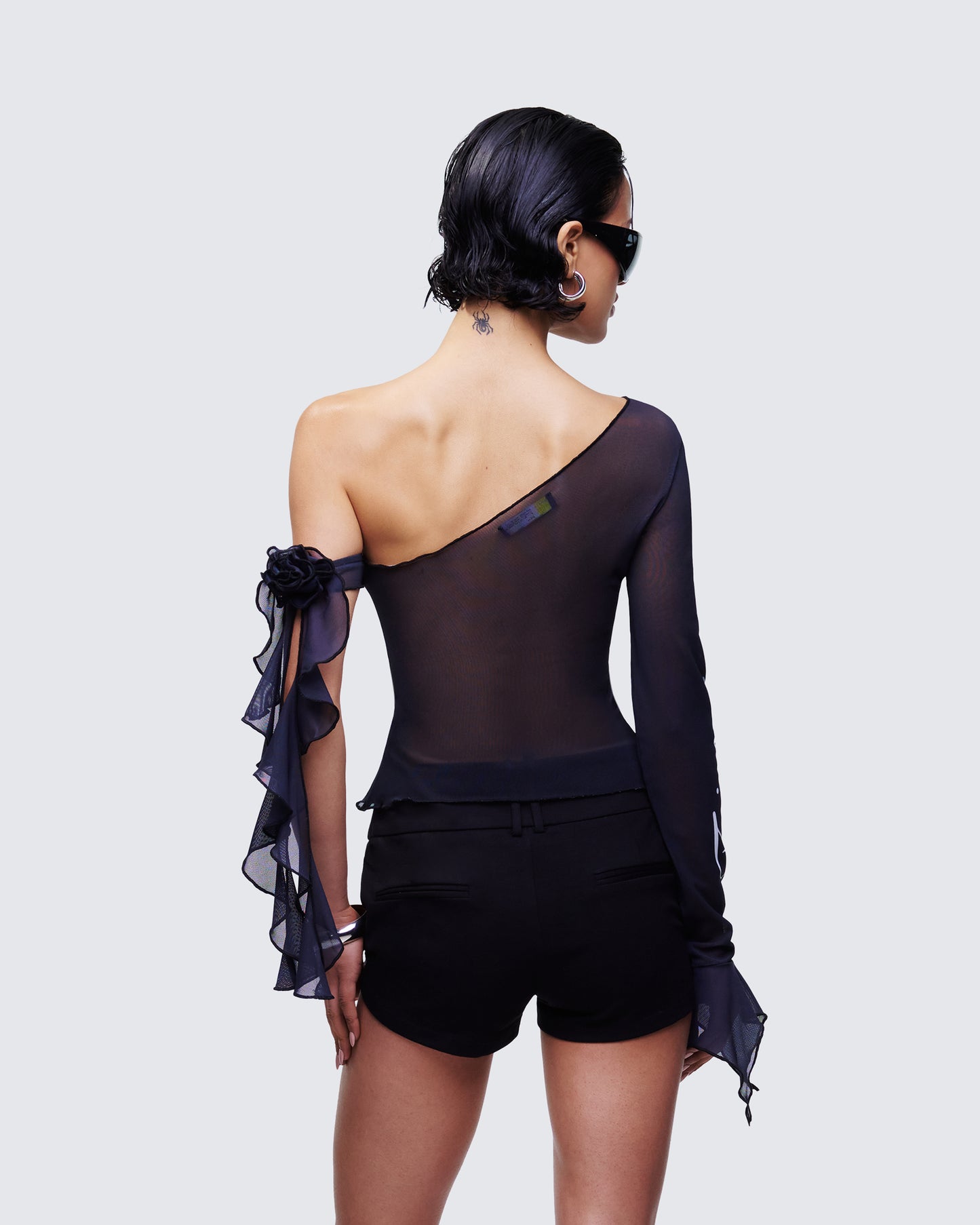 Sylphine Black Printed Mesh Asymmetric Top