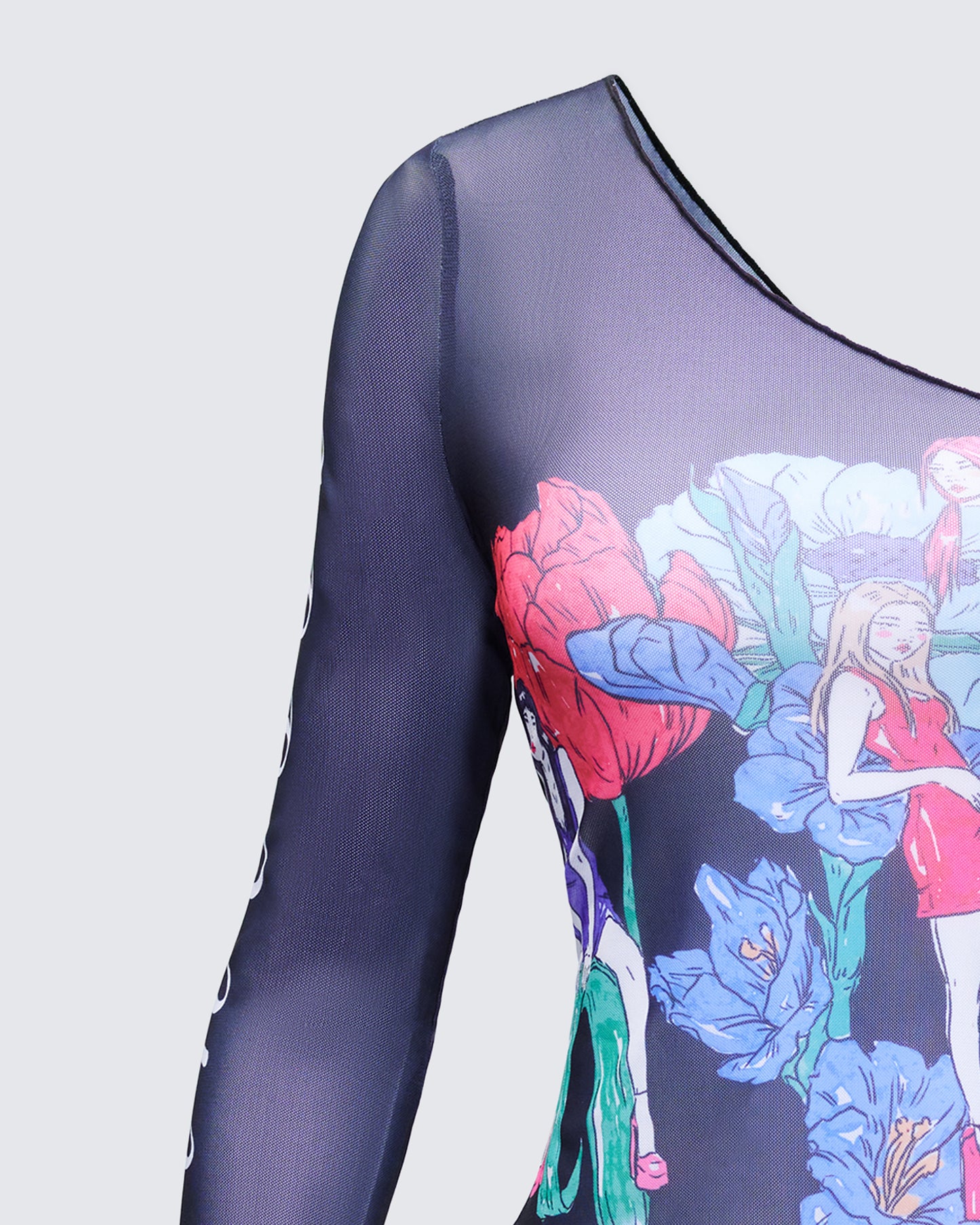 Sylphine Black Printed Mesh Asymmetric Top