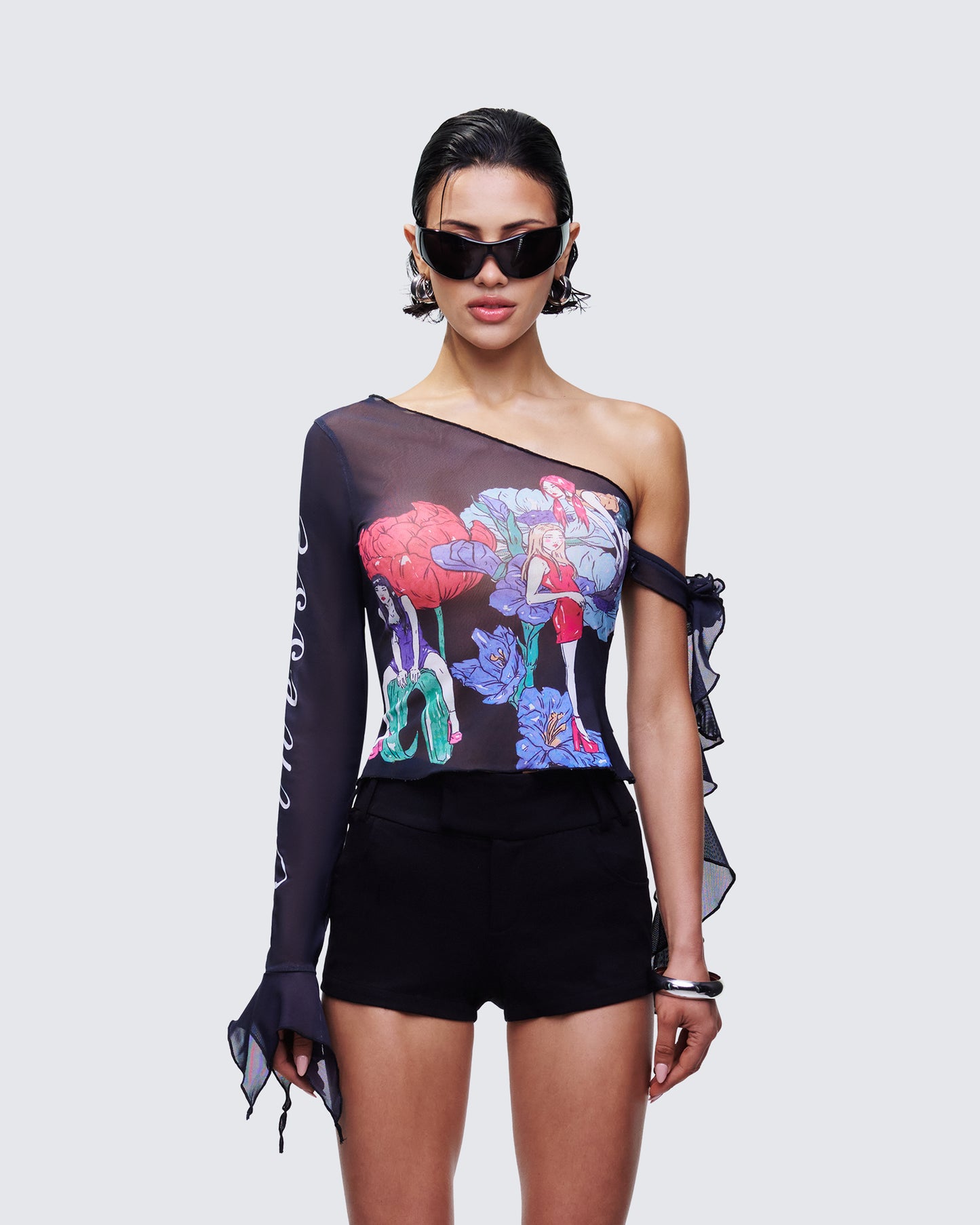 Sylphine Black Printed Mesh Asymmetric Top