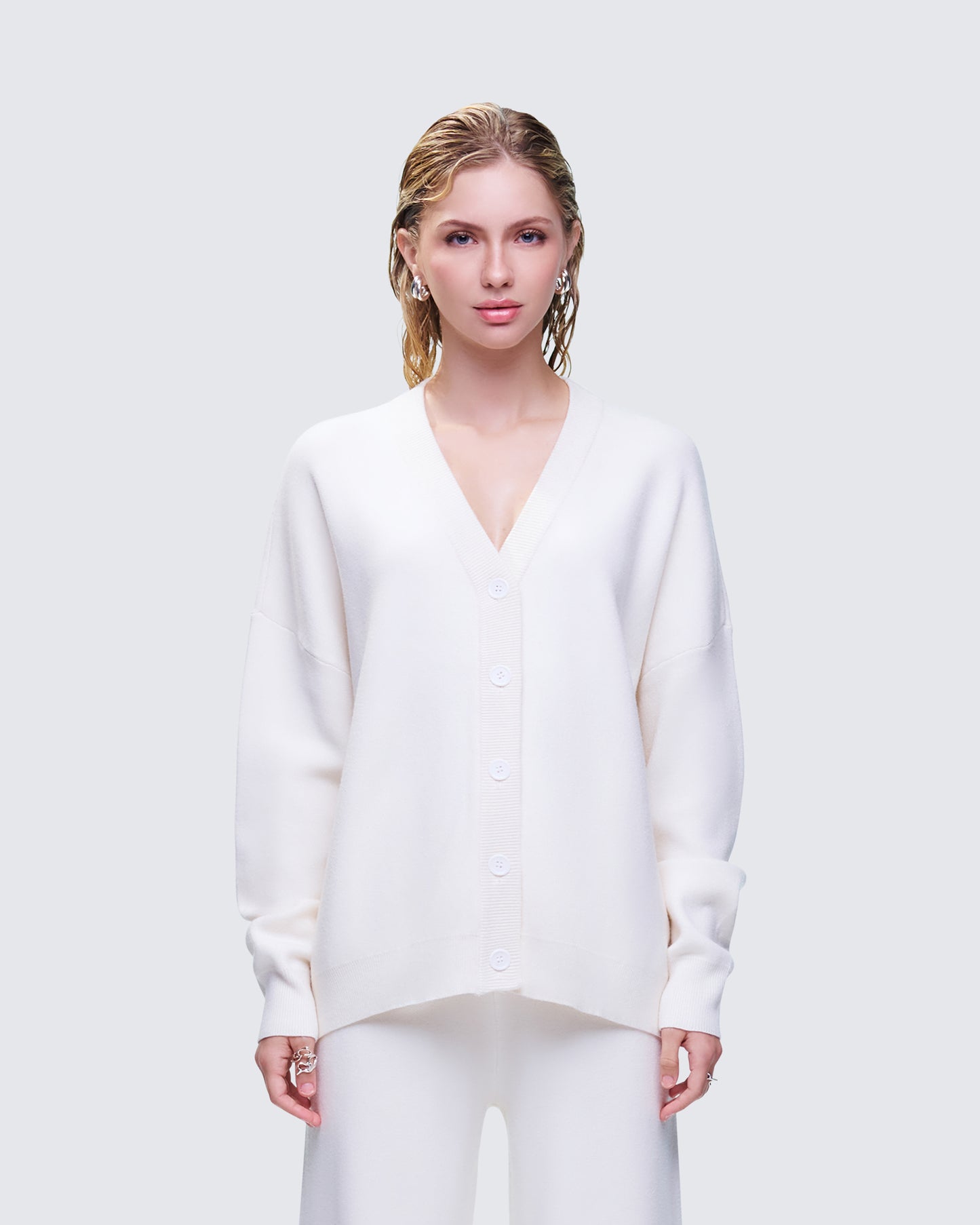 Sylvana Cream Knit Button Down Cardigan model front