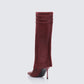 Women's burgundy leather boots styled on model – FINESSE