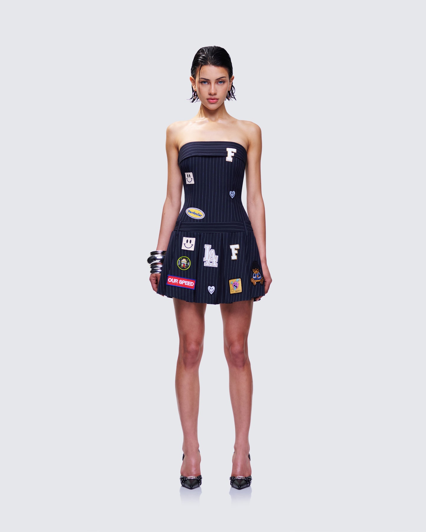 Teagan Navy Pinstripe Mini Dress model front