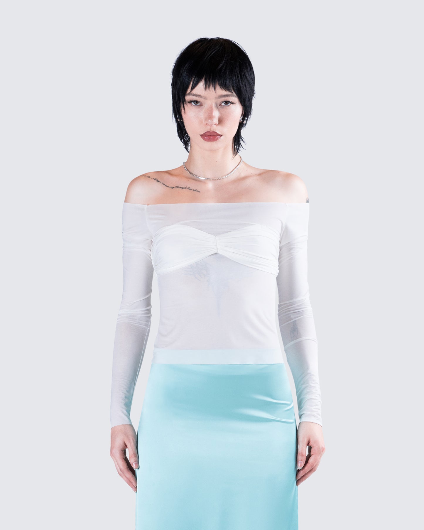 Theo White Sheer Knit Top model front