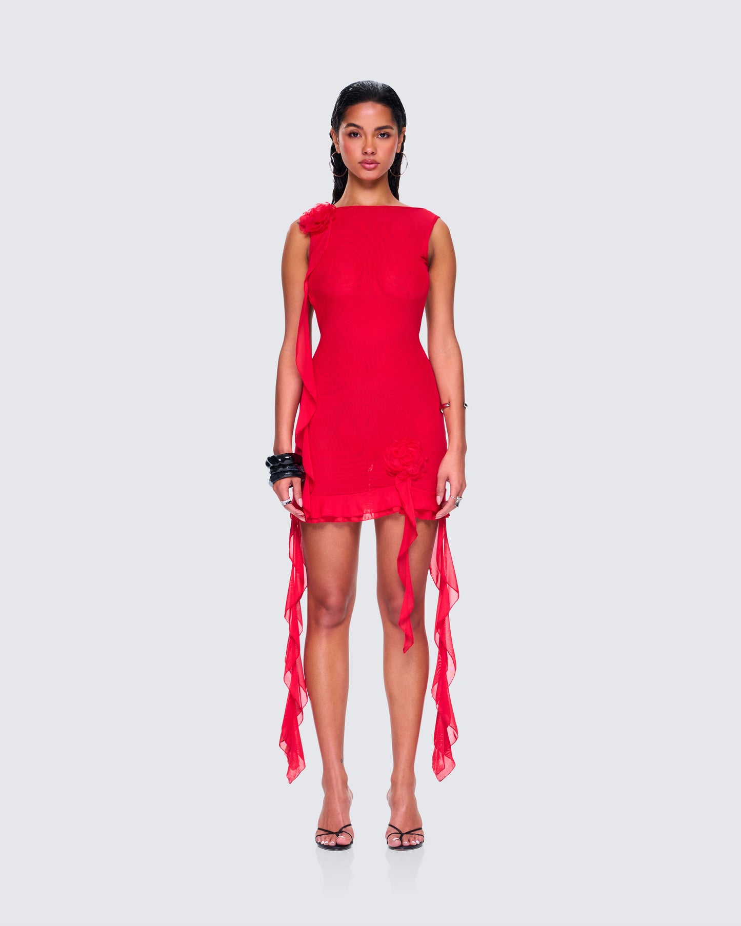 Tiana Red Ruffle Rosette Dress model front
