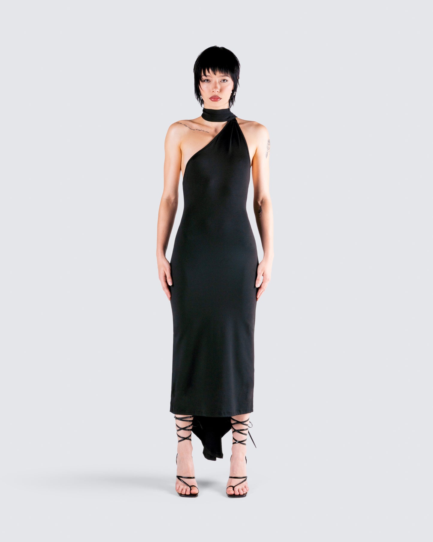 Toni Black One Shoulder Dress model front