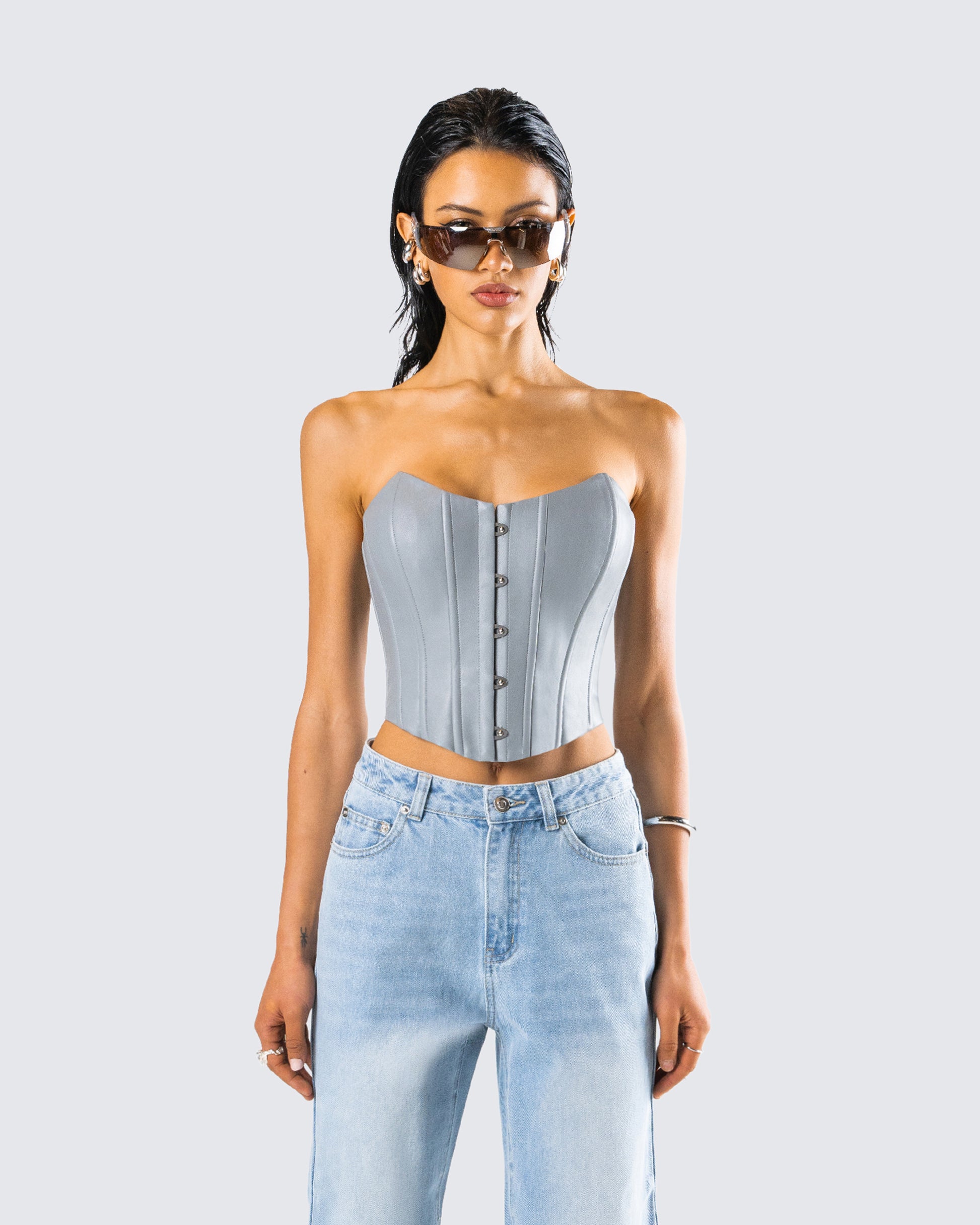 Tui Grey Vegan Leather Corset Top model front