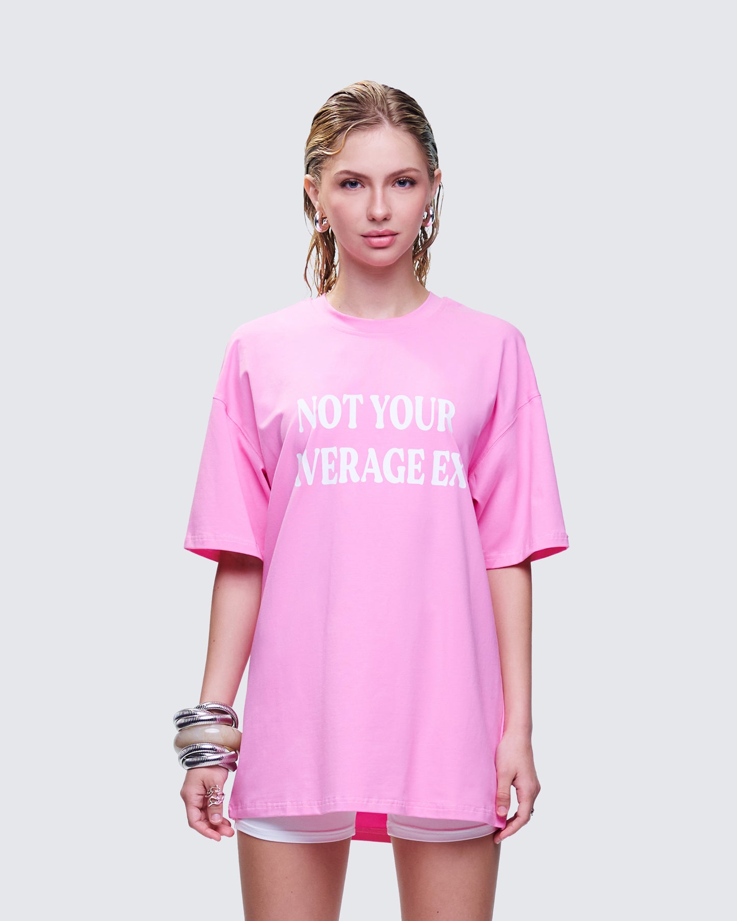 Ula Pink Printed Oversized Tee model front