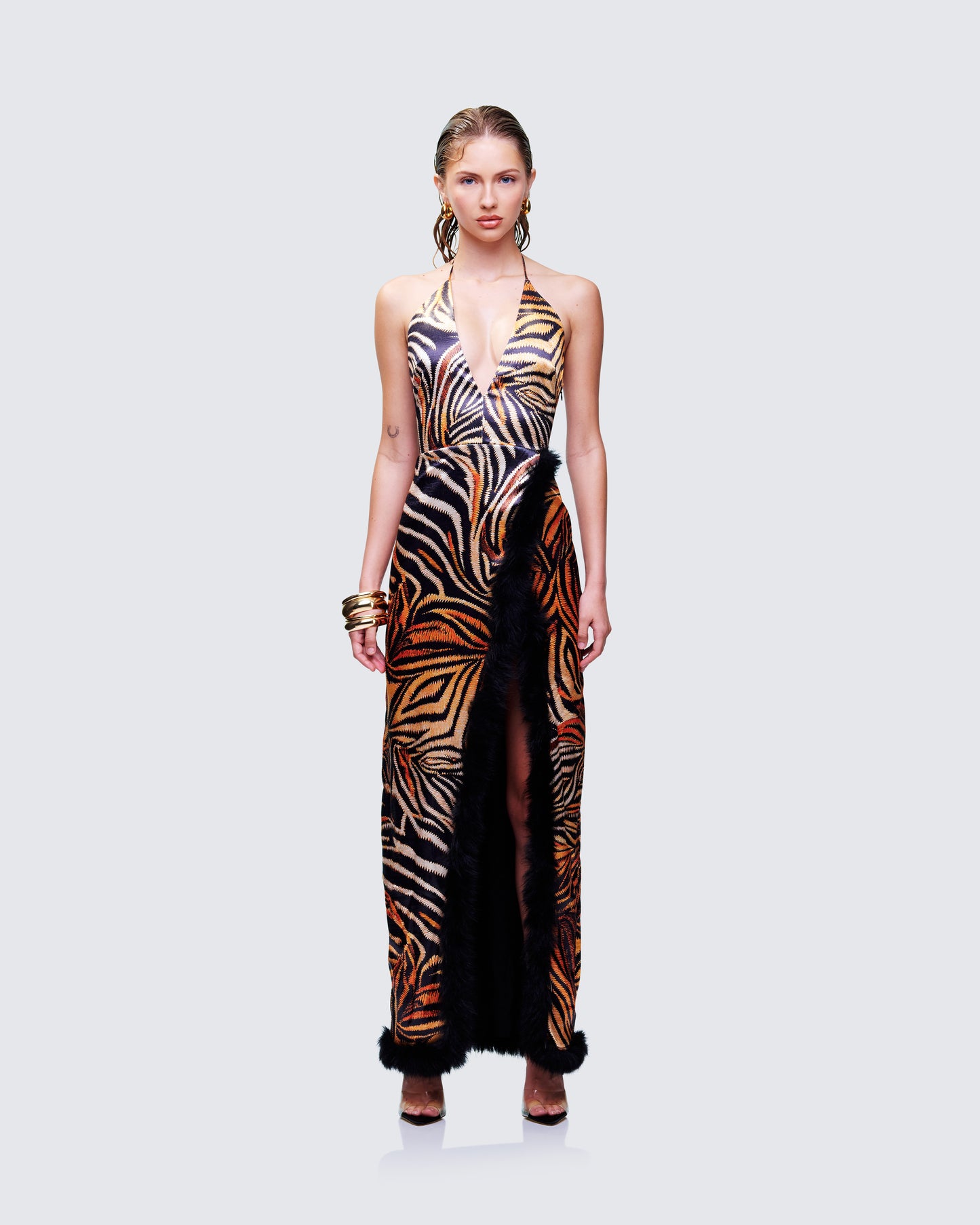 Ursula Orange Printed Wrap Maxi Dress model front