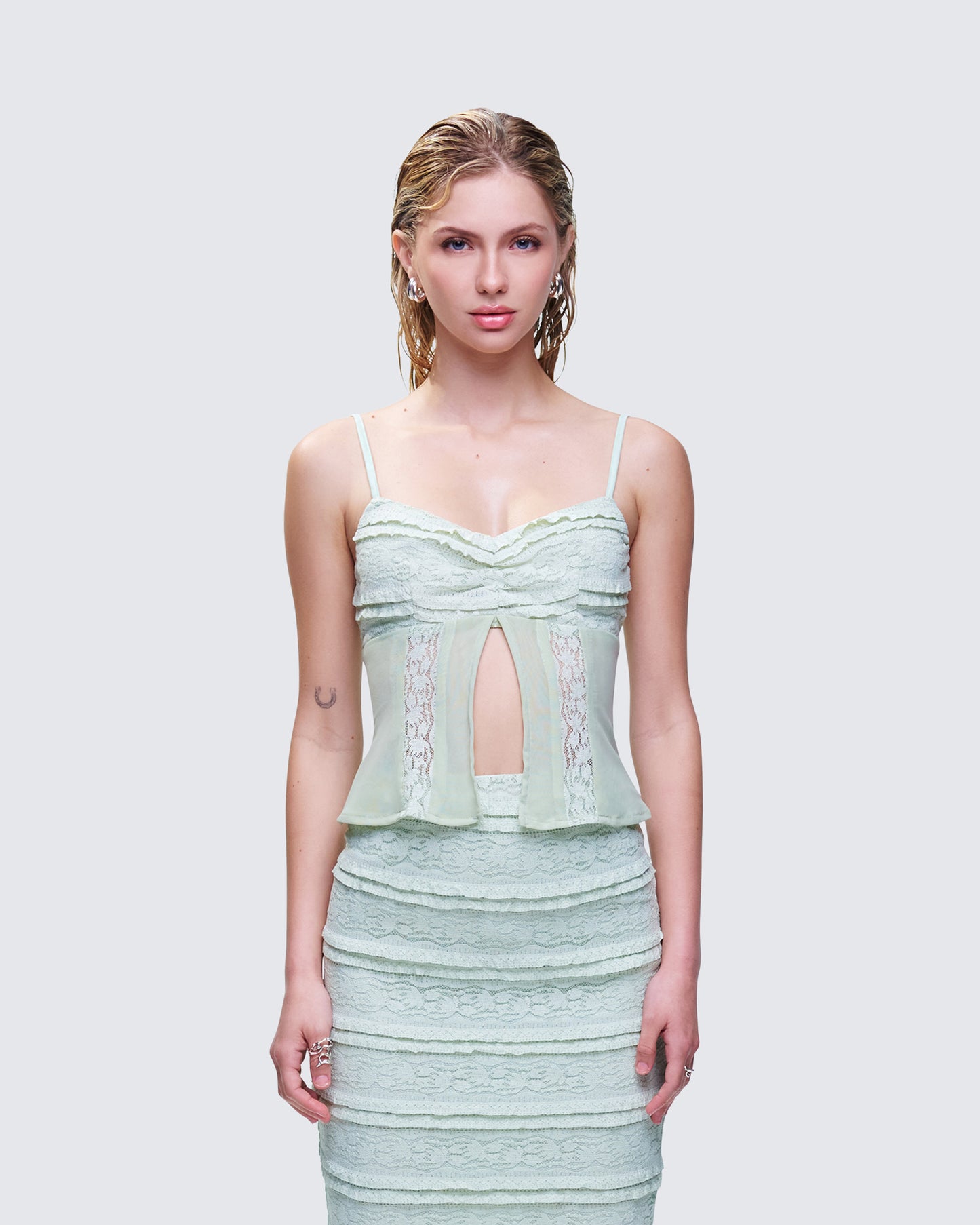 Ursuline Sage Ruffle Trim Cami Top model front