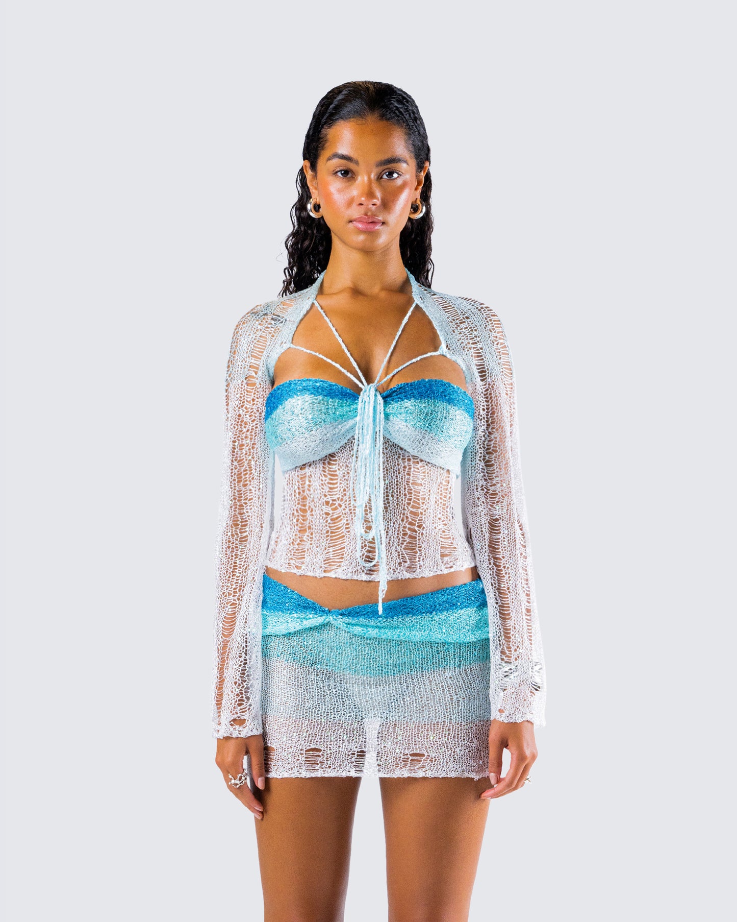 Vanessa Turquoise Sequin Knit Top model front