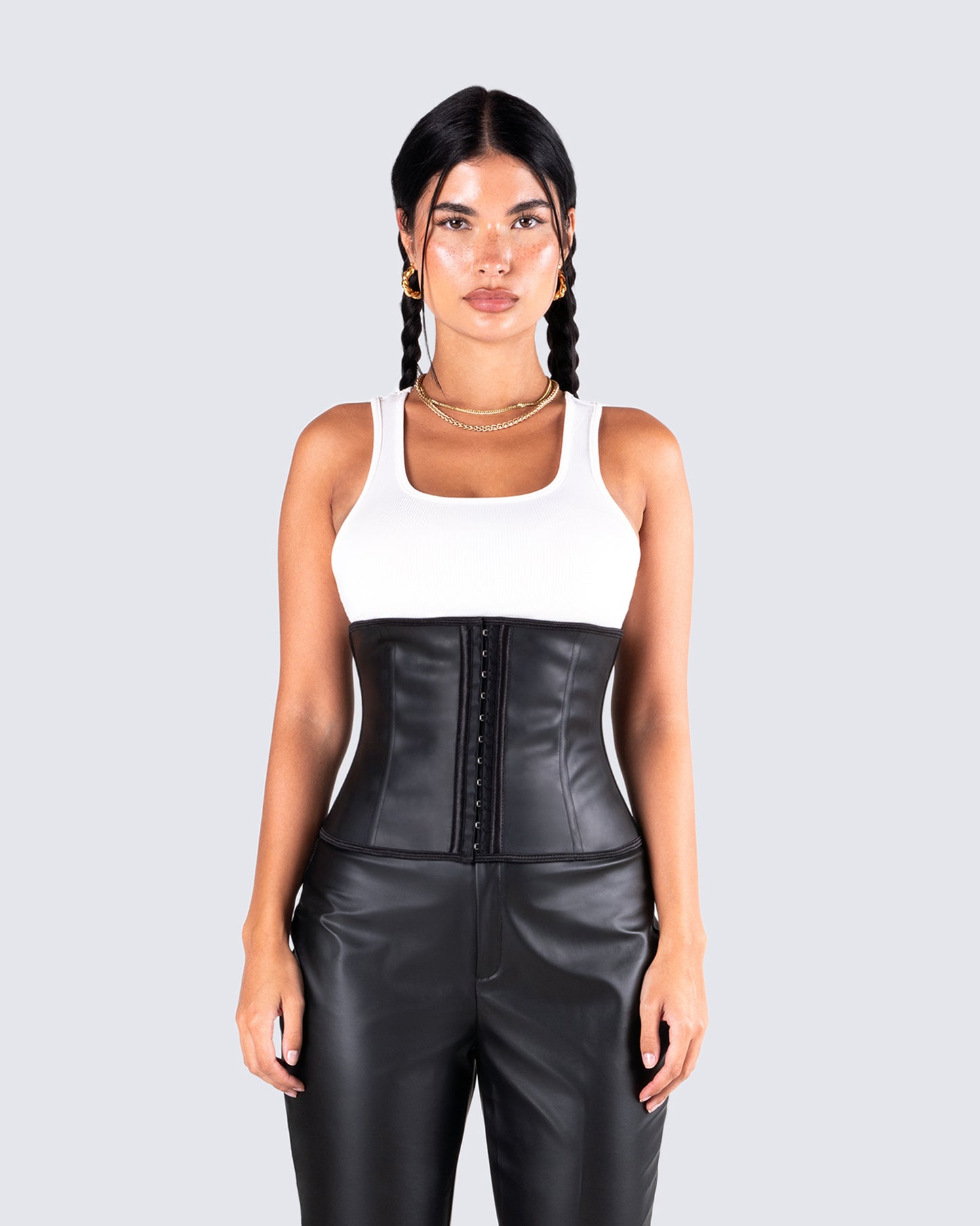 Vanya Black Compression Corset Top model front