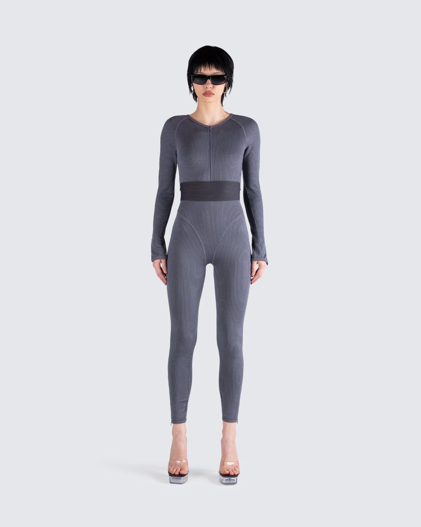 Vilma Grey Rib Zip Jumpsuit model front
