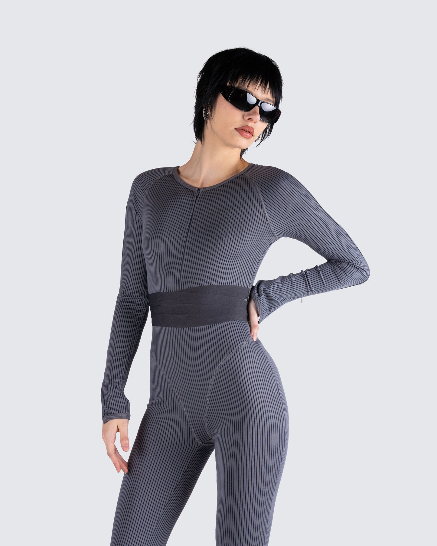 Vilma Grey Rib Zip Jumpsuit