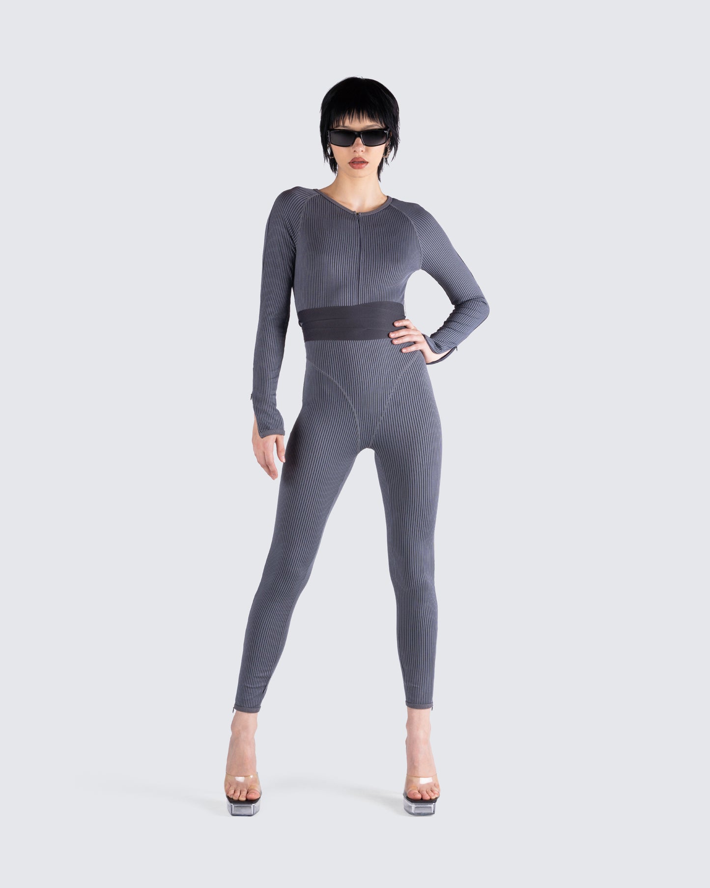 Vilma Grey Rib Zip Jumpsuit