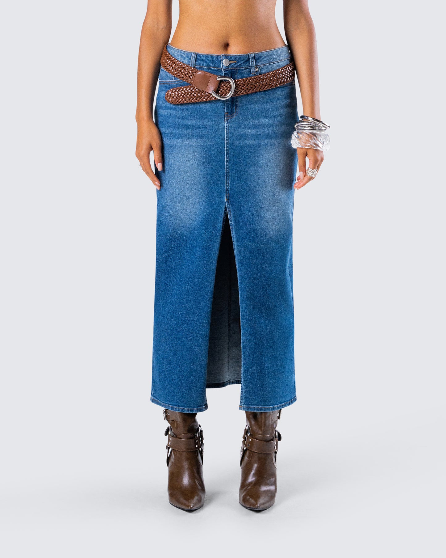 Vincent Blue Maxi Denim Skirt model front