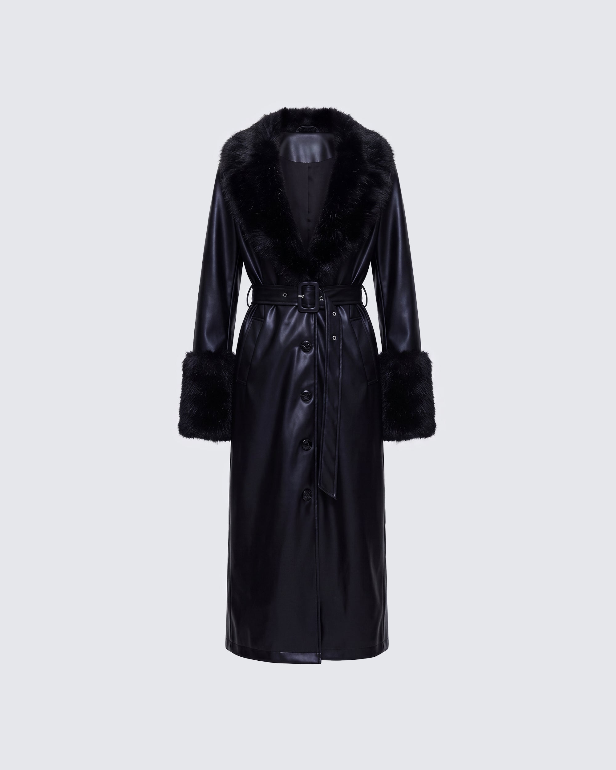 豪華✨リアルレザー＆リアルファー ベルテッドコート ゴートレザー ブラック Black Faux Leather Coat - Fur Collar & Cuffs Belted – FINESSE