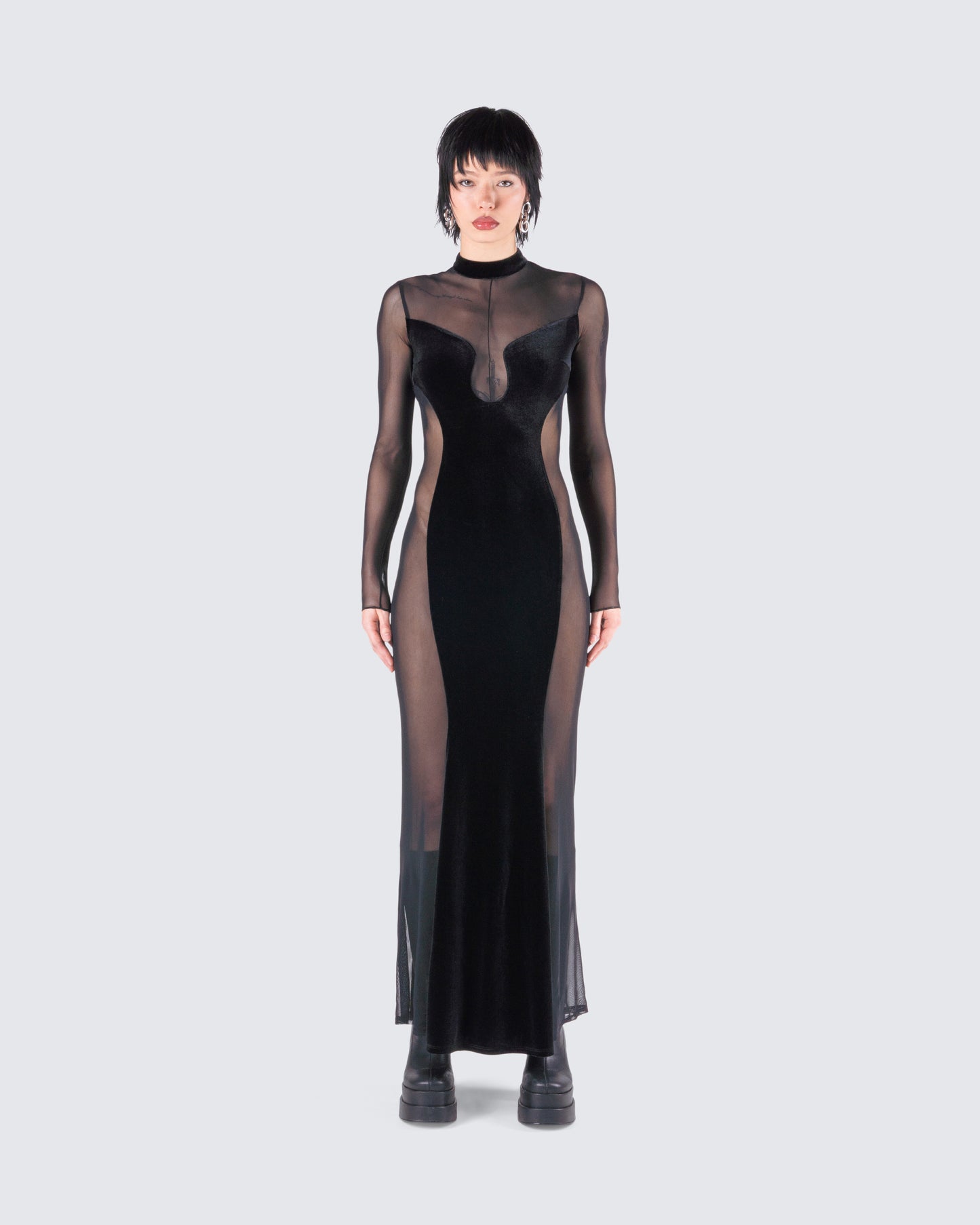 Wilma Black Velvet Paneled Gown model front
