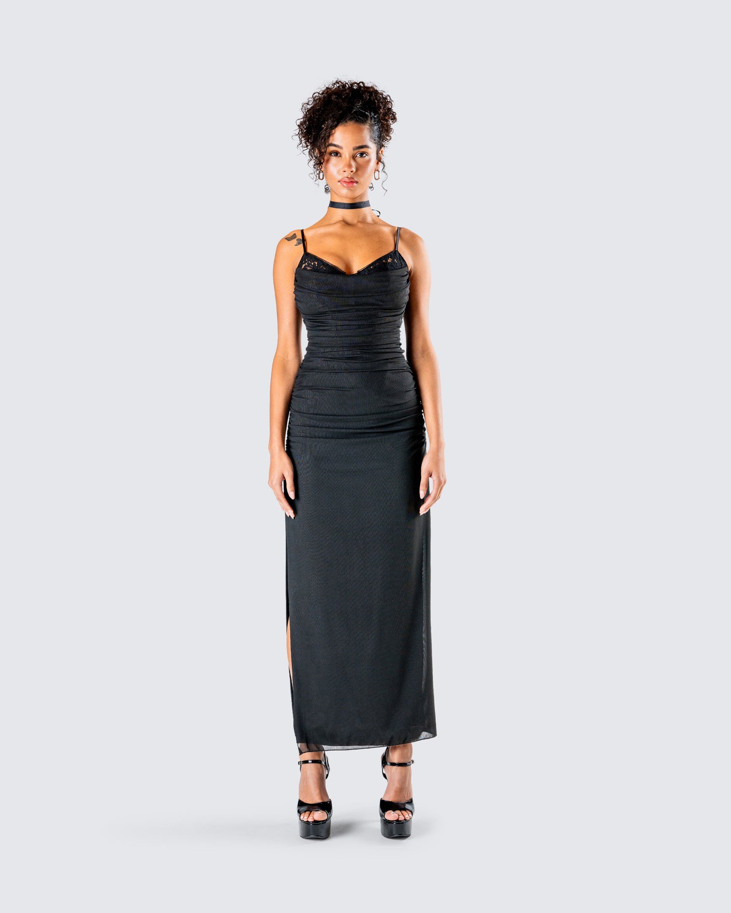 Yan Black Lace Maxi Corset Dress model front