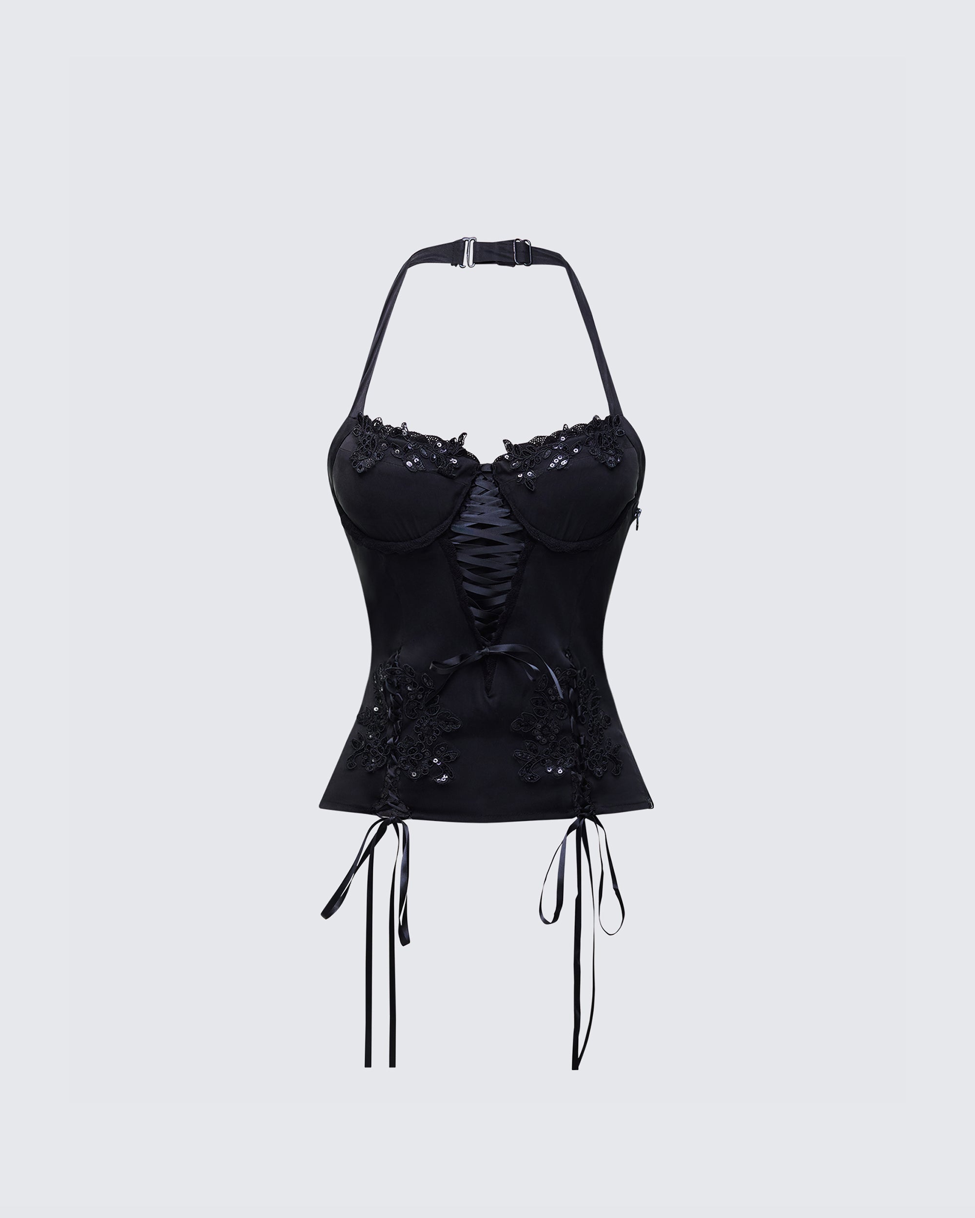 トップス andwang satin lingerie corset black YELINA-BLACK-HALTER-LACE-UP-