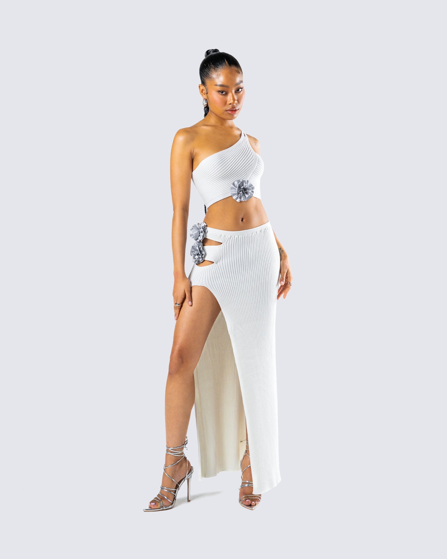 Yuka White Rosette Knit Crop Top