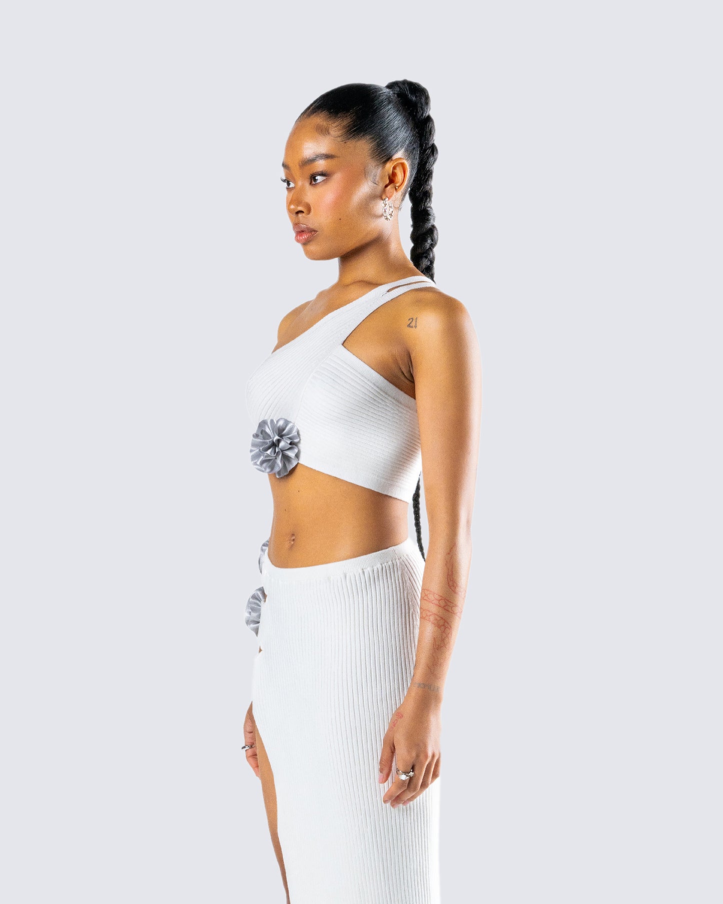 Yuka White Rosette Knit Crop Top