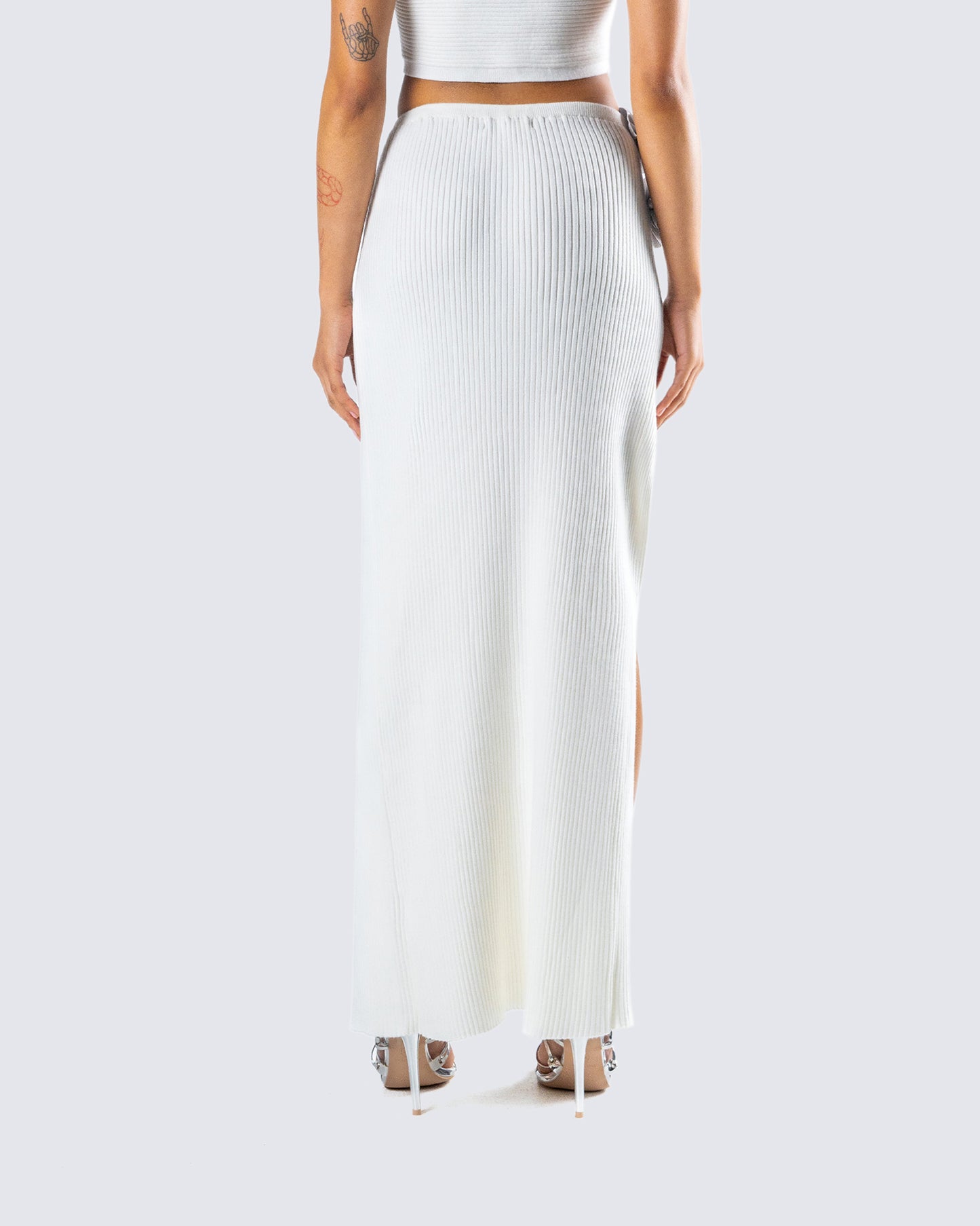 Yuka White Rosette Knit Maxi Skirt