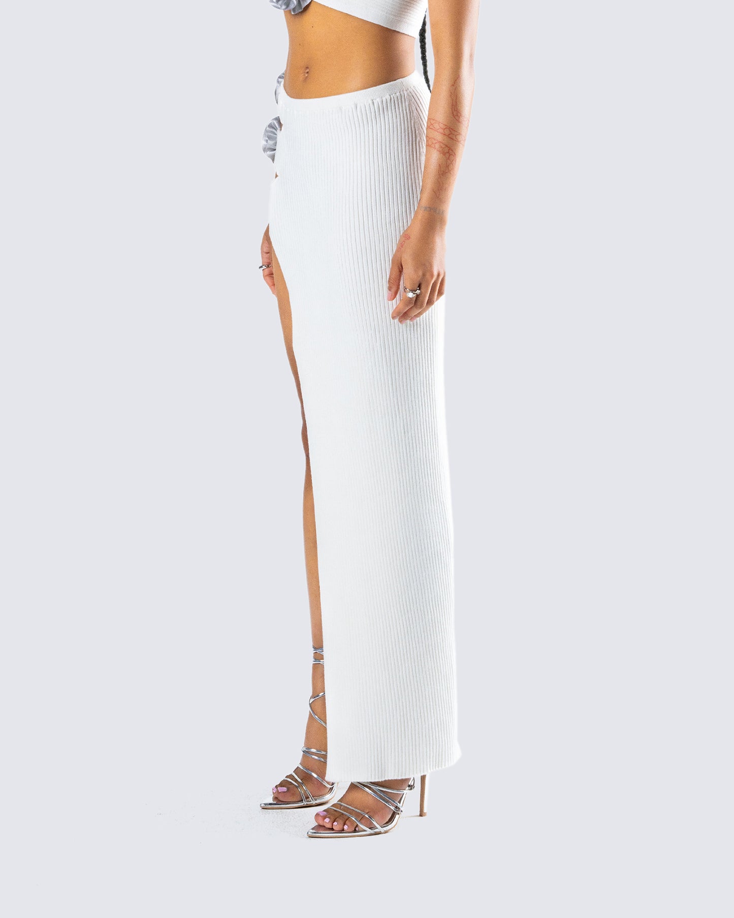 Yuka White Rosette Knit Maxi Skirt