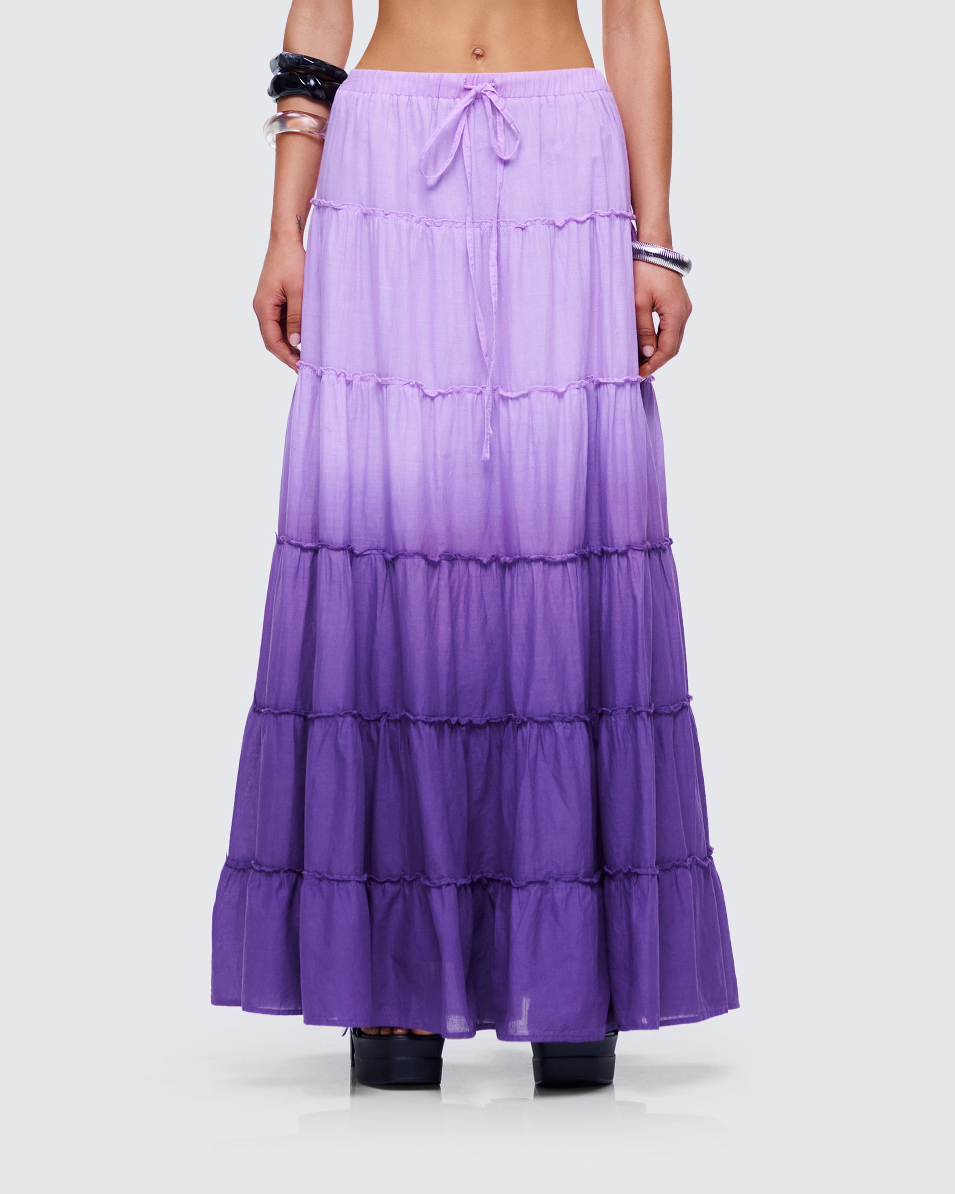 Zadie Purple Ombre Tiered Maxi Skirt model front