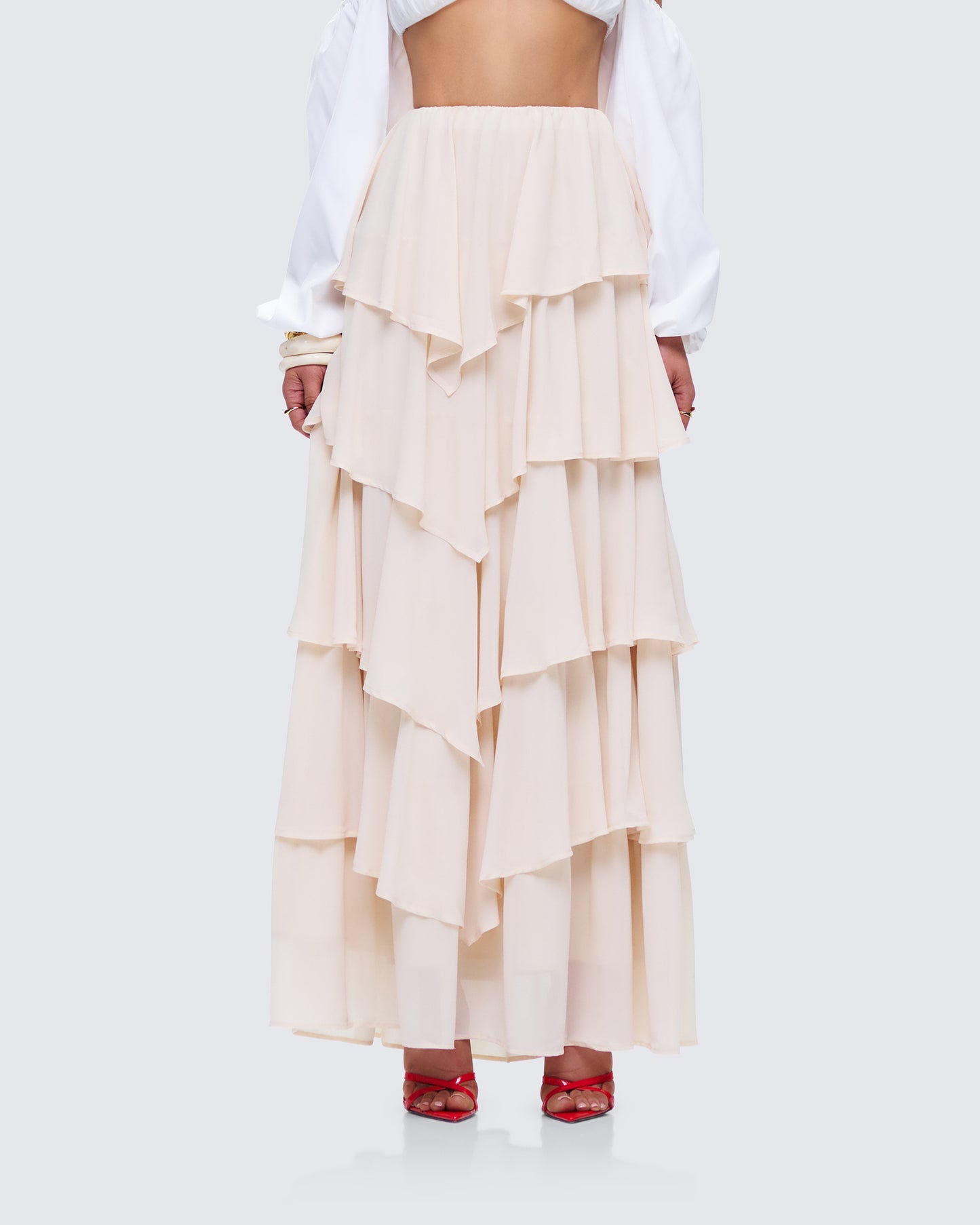 Zana Cream Tiered Ruffle Maxi Skirt model front