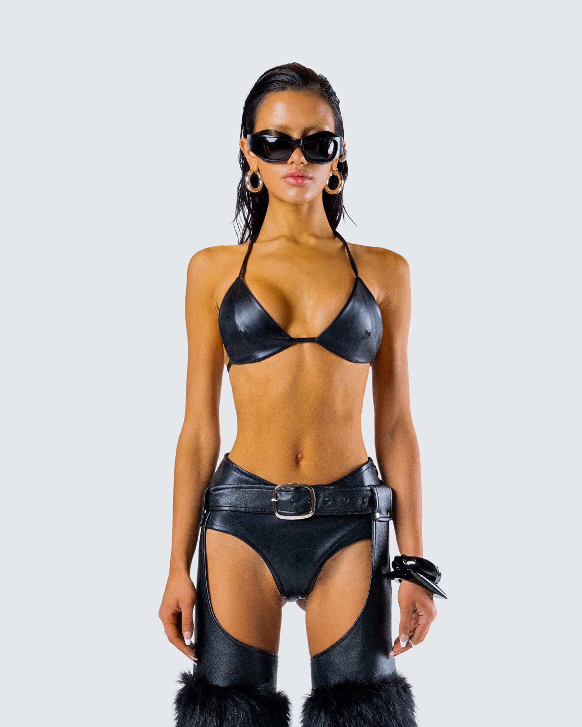 Zaria Black Vegan Leather Micro Short model front