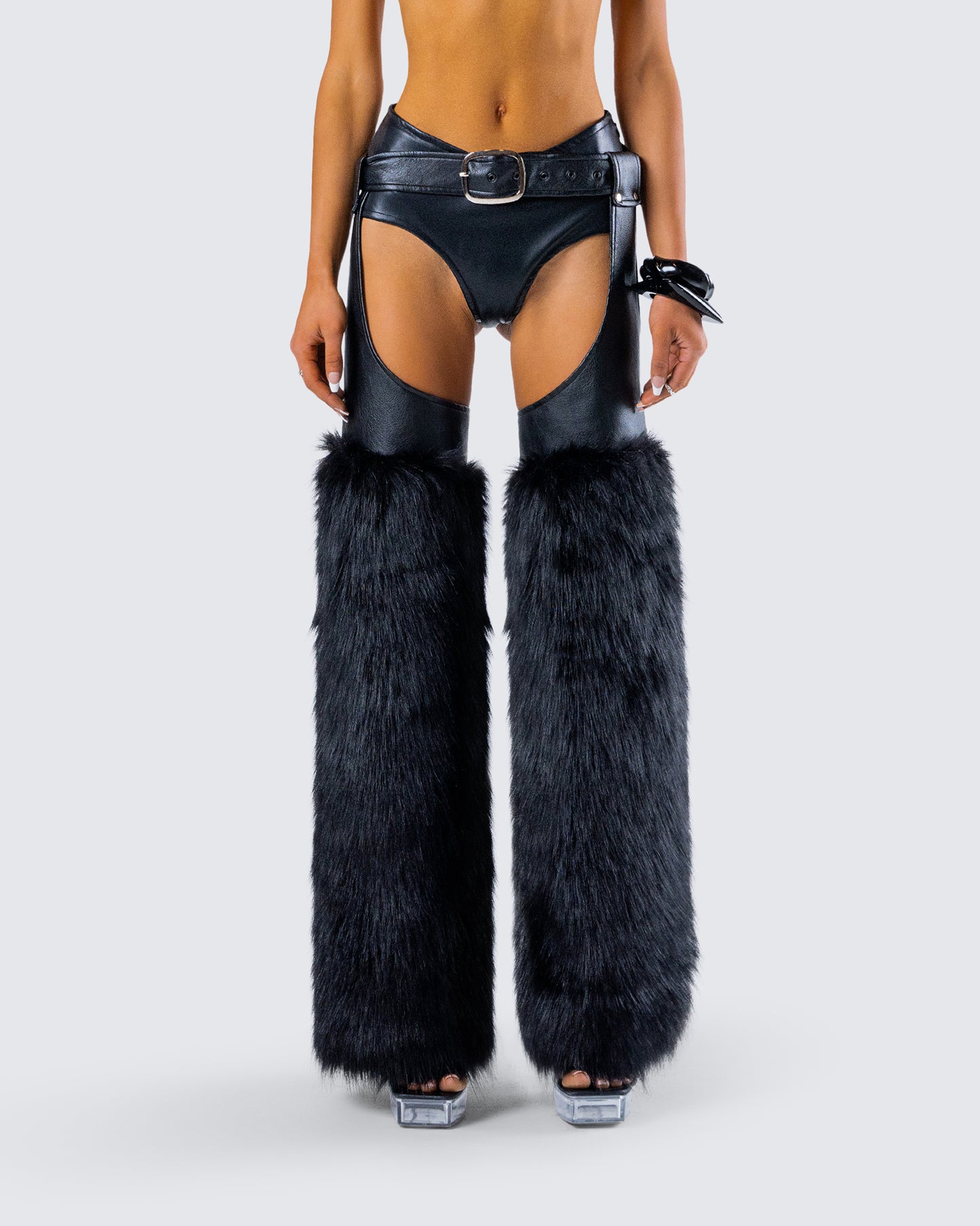 Zaria Black Vegan Leather Fur Trim Chaps model front