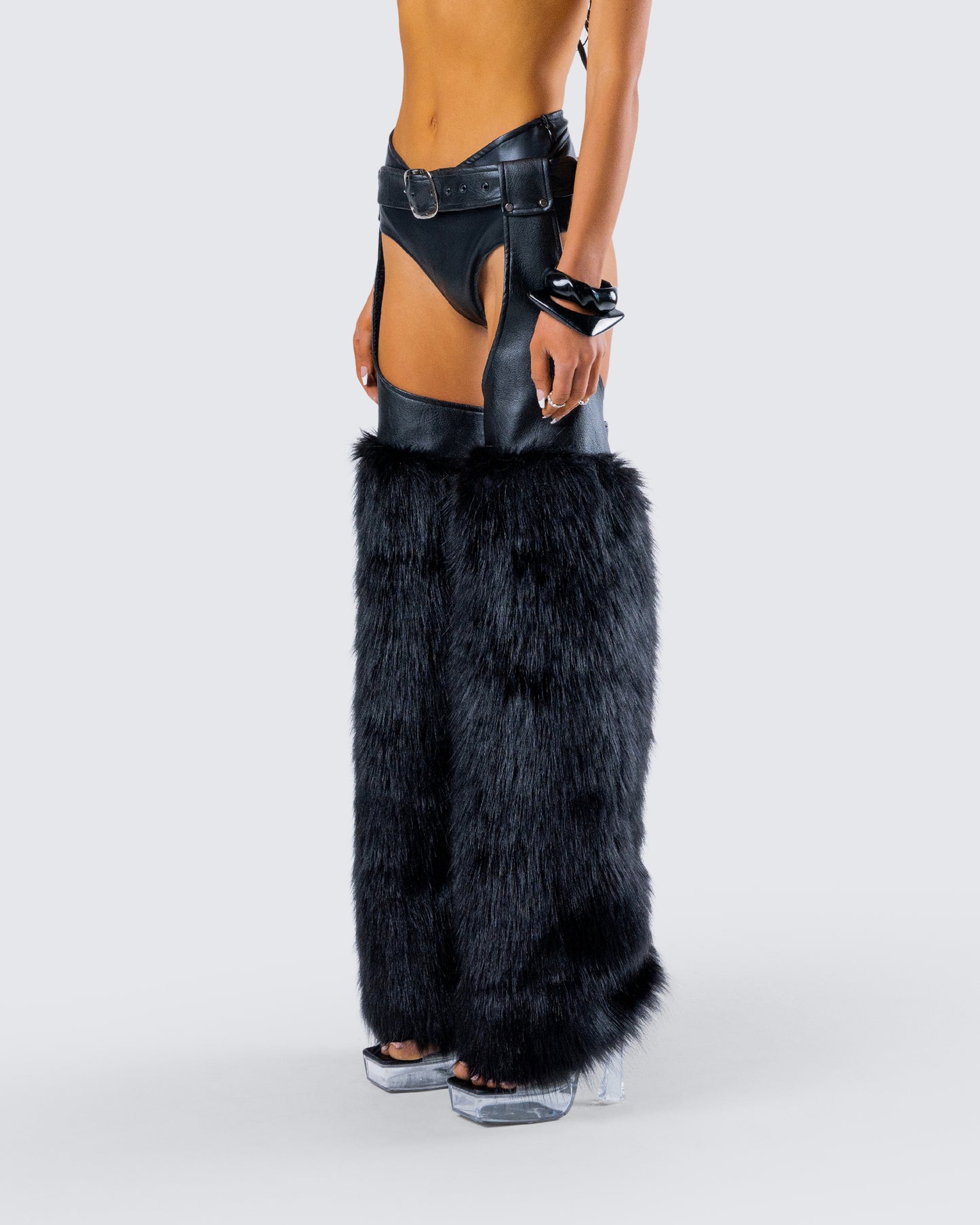 Zaria Black Vegan Leather Fur Trim Chaps
