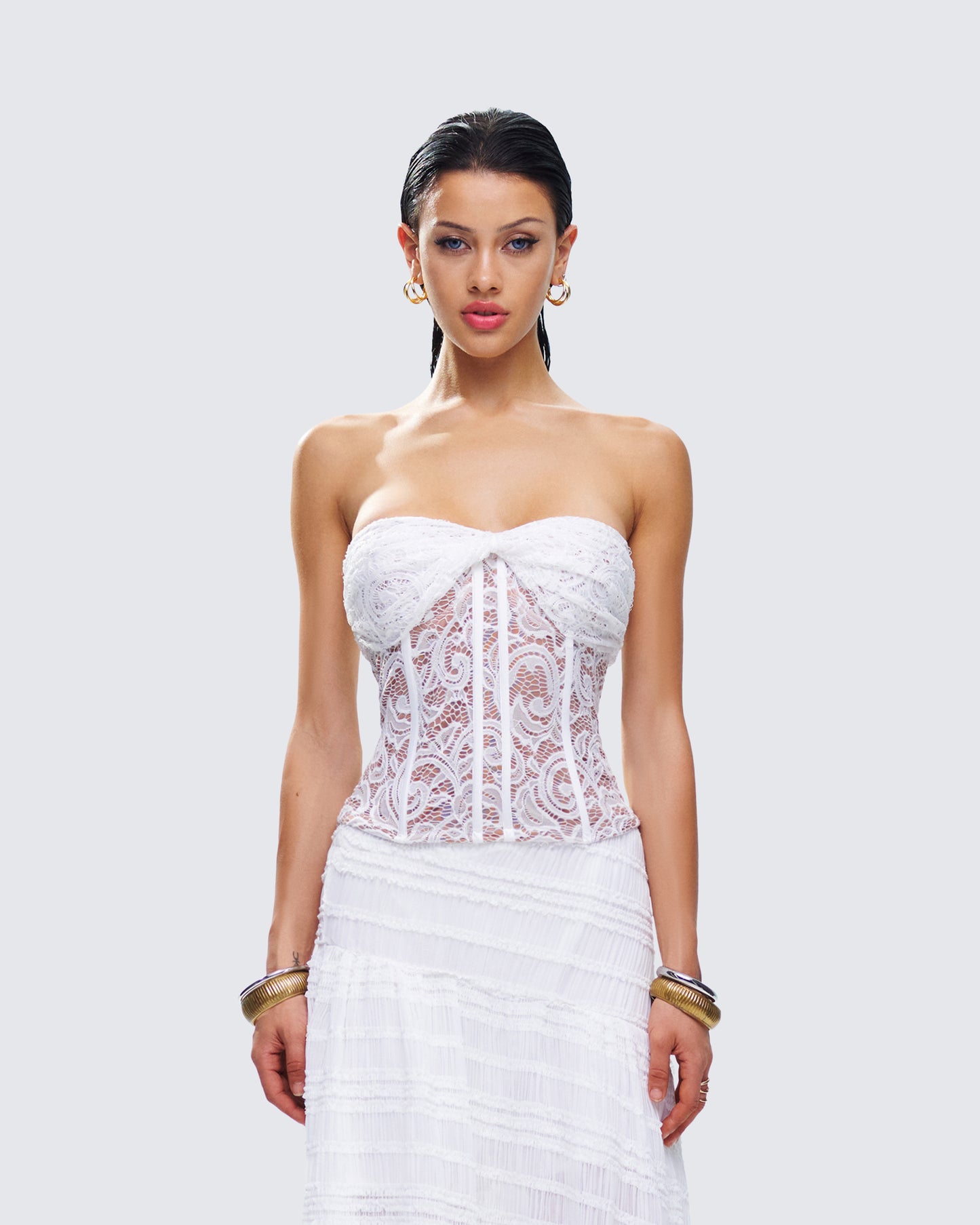 Zaya White Lace Corset Top model front