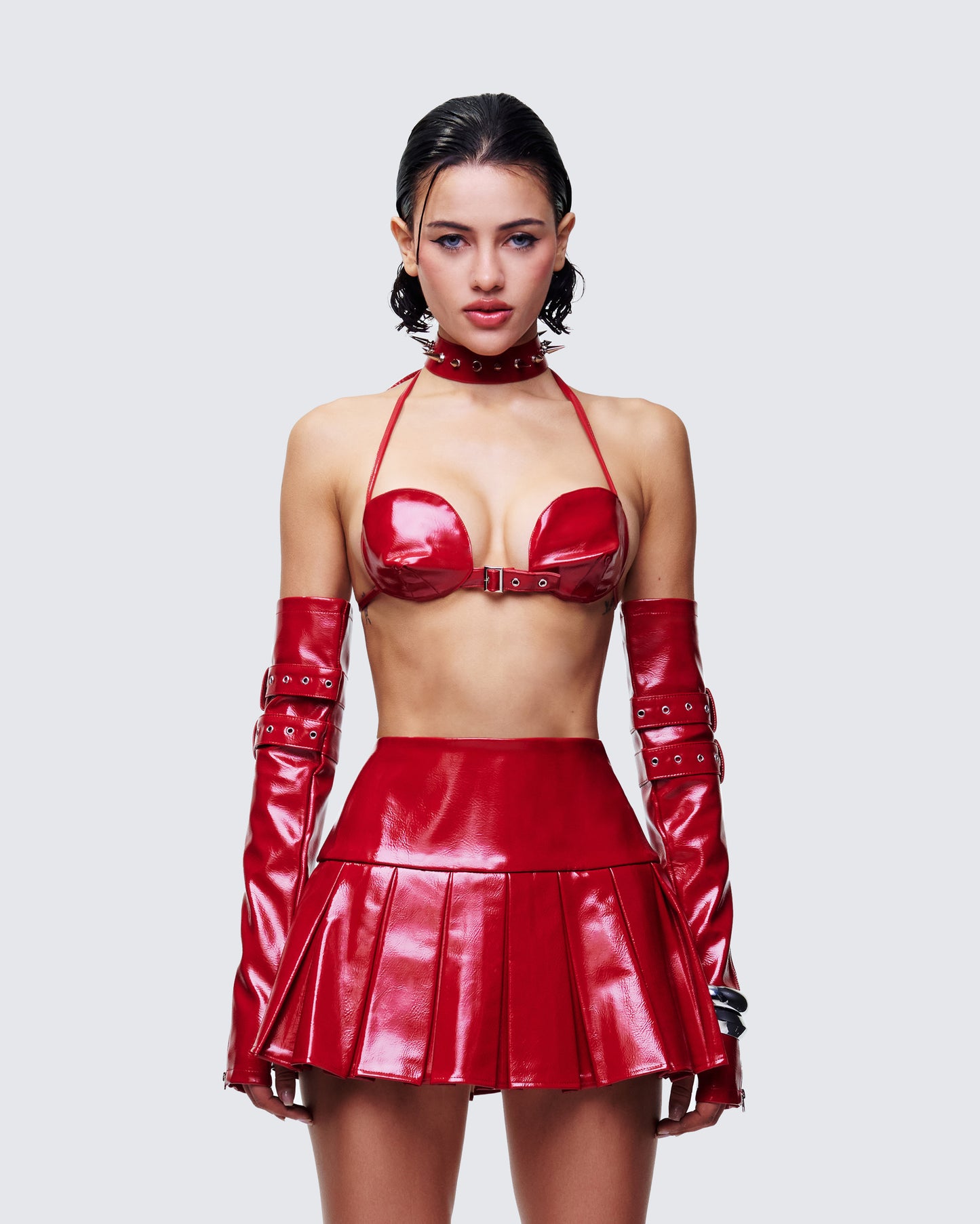 Zaynah Red Vinyl Cone Cup Bra, Choker & Gloves