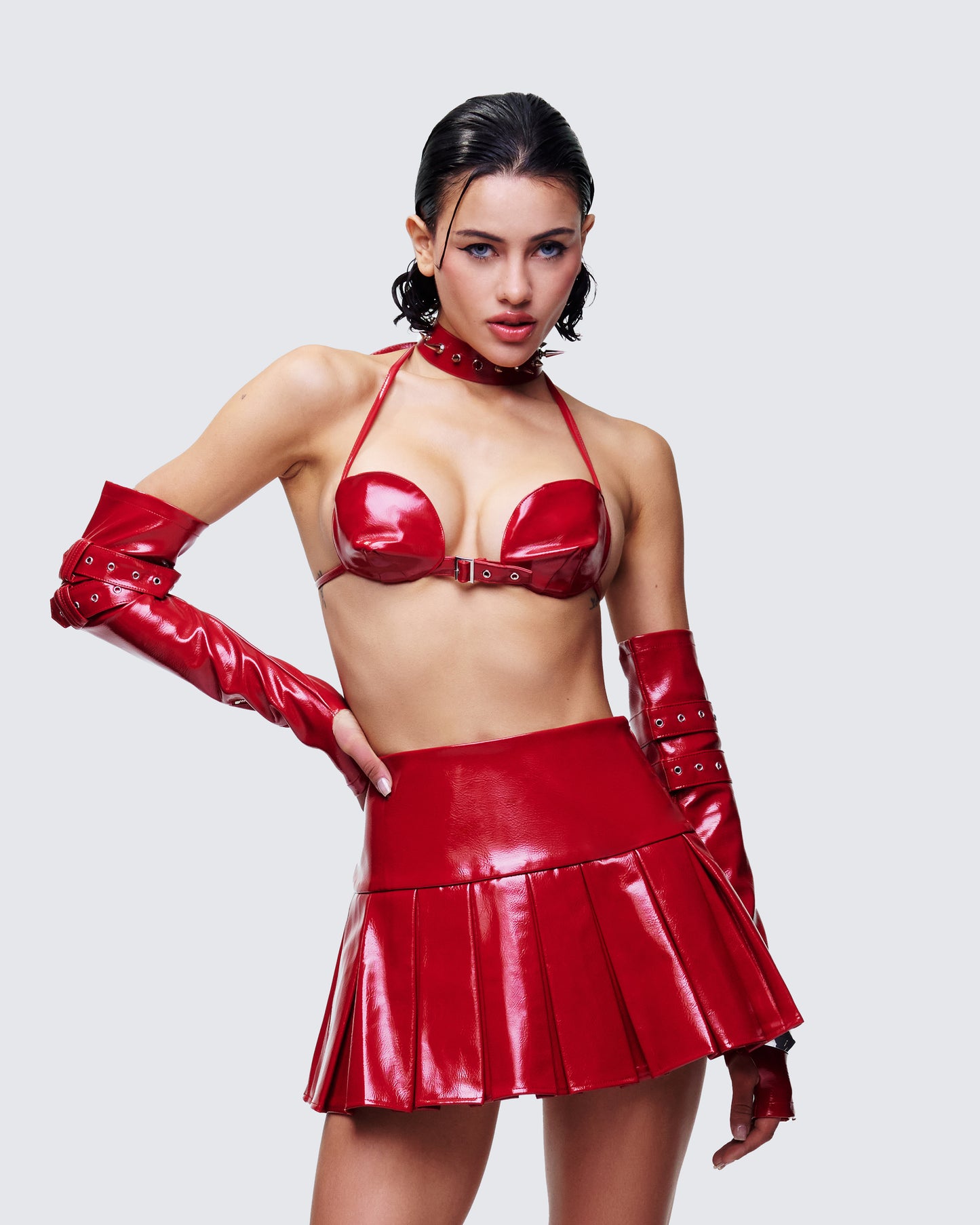 Zaynah Red Vinyl Cone Cup Bra, Choker & Gloves