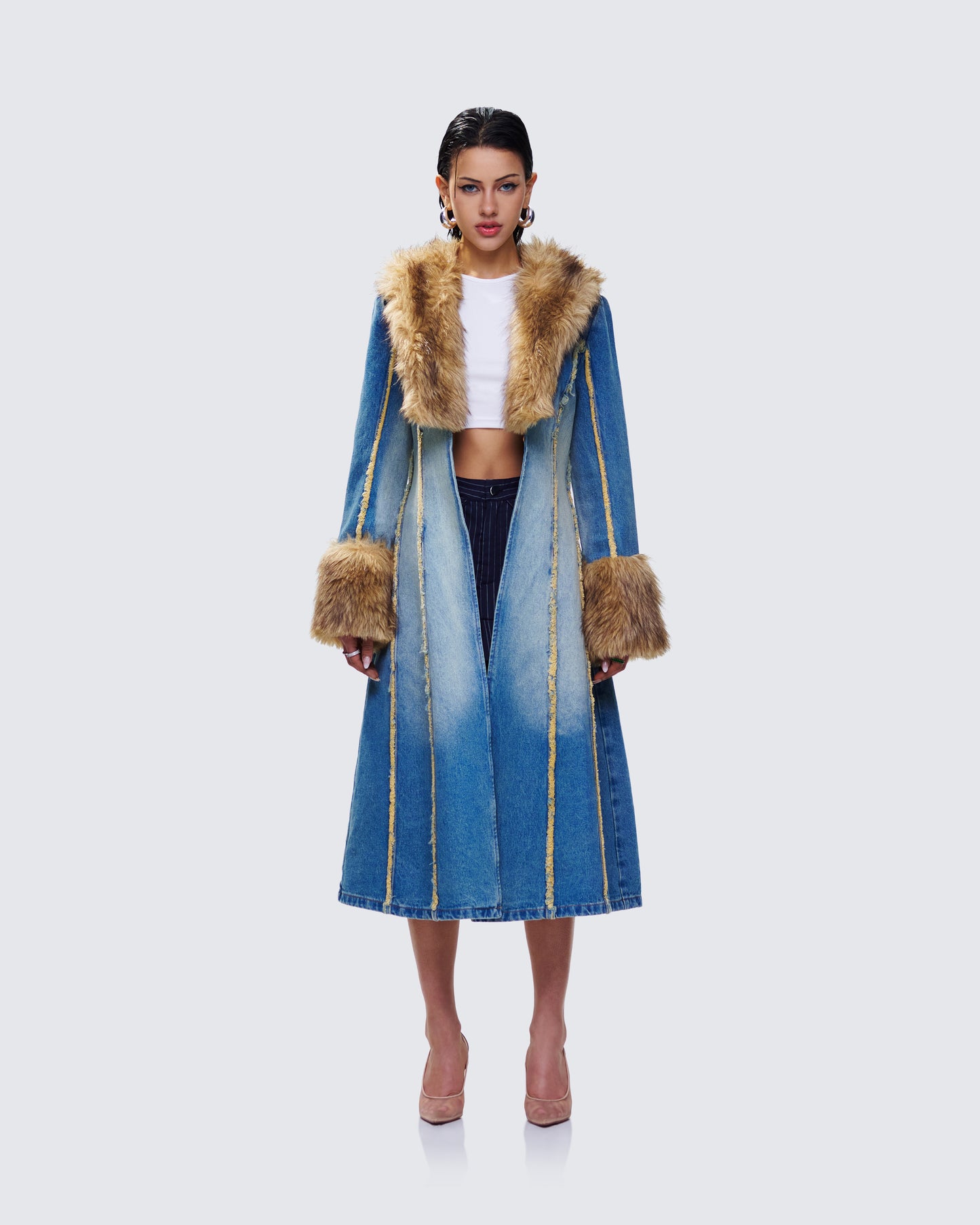 Zephyra Denim Maxi Coat model front