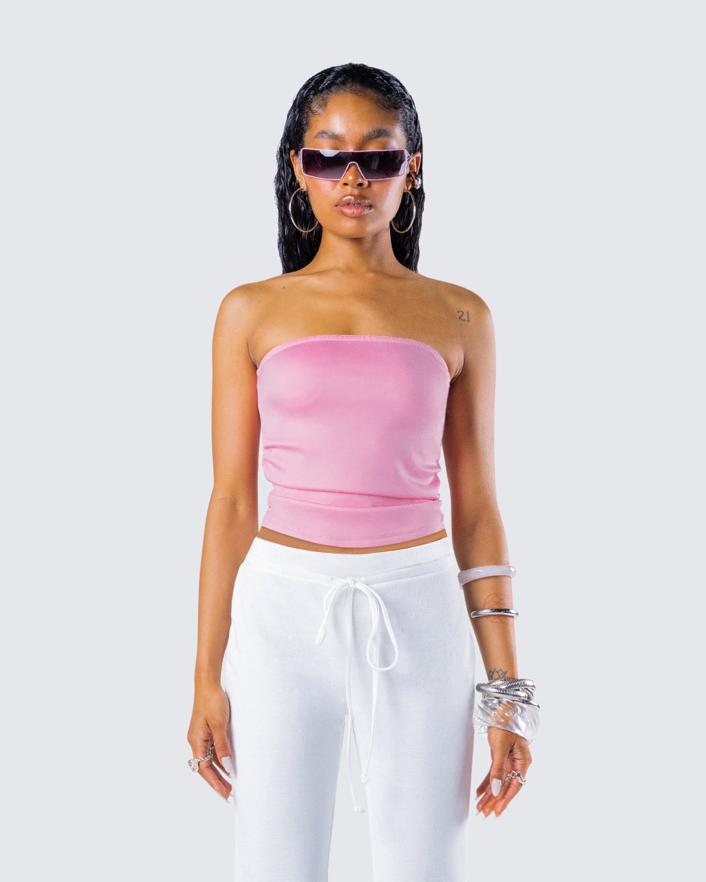 Zinnia Pink Jersey Tube Top model front