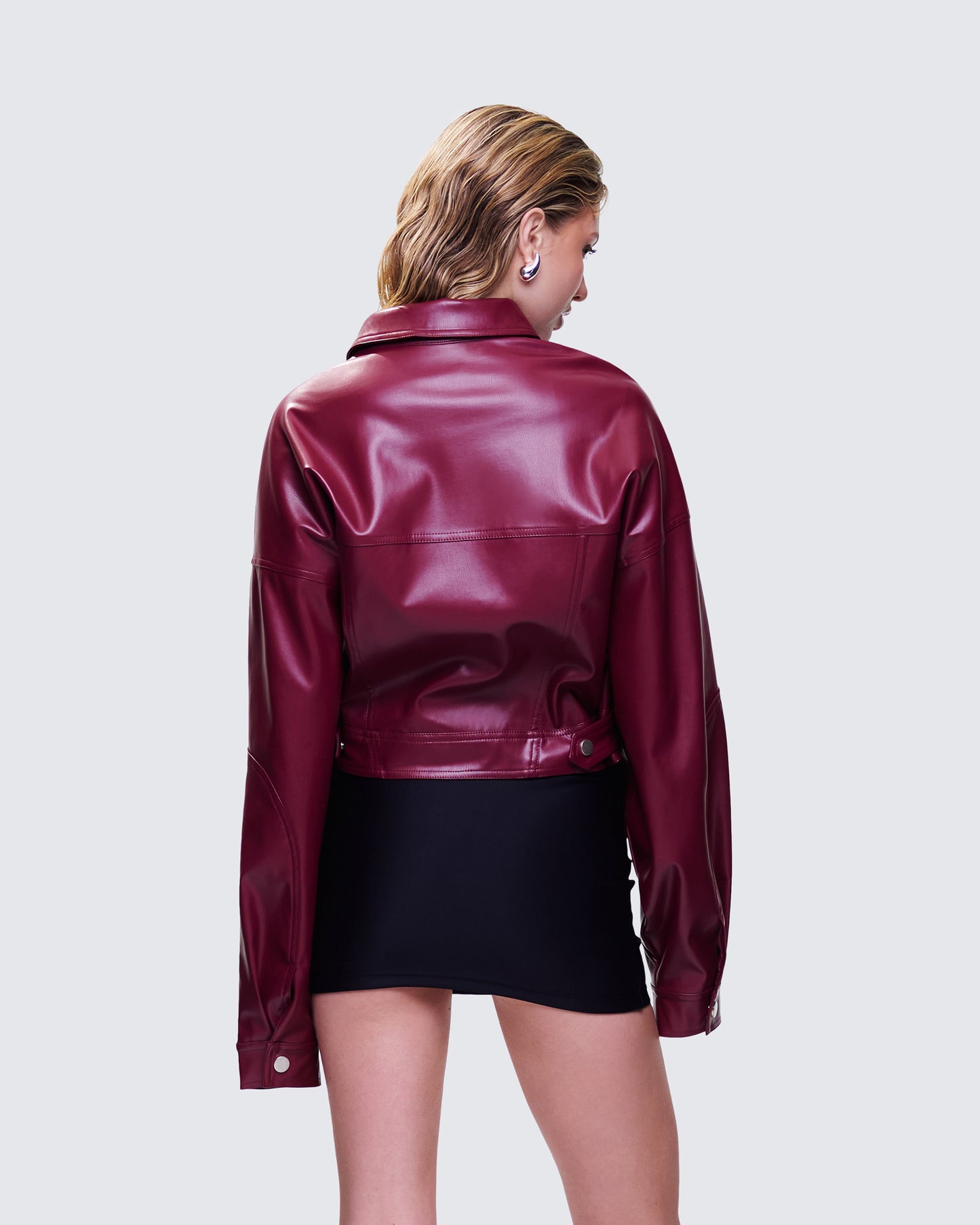 Zui Maroon Vegan Leather Oversized Cropped Jacket